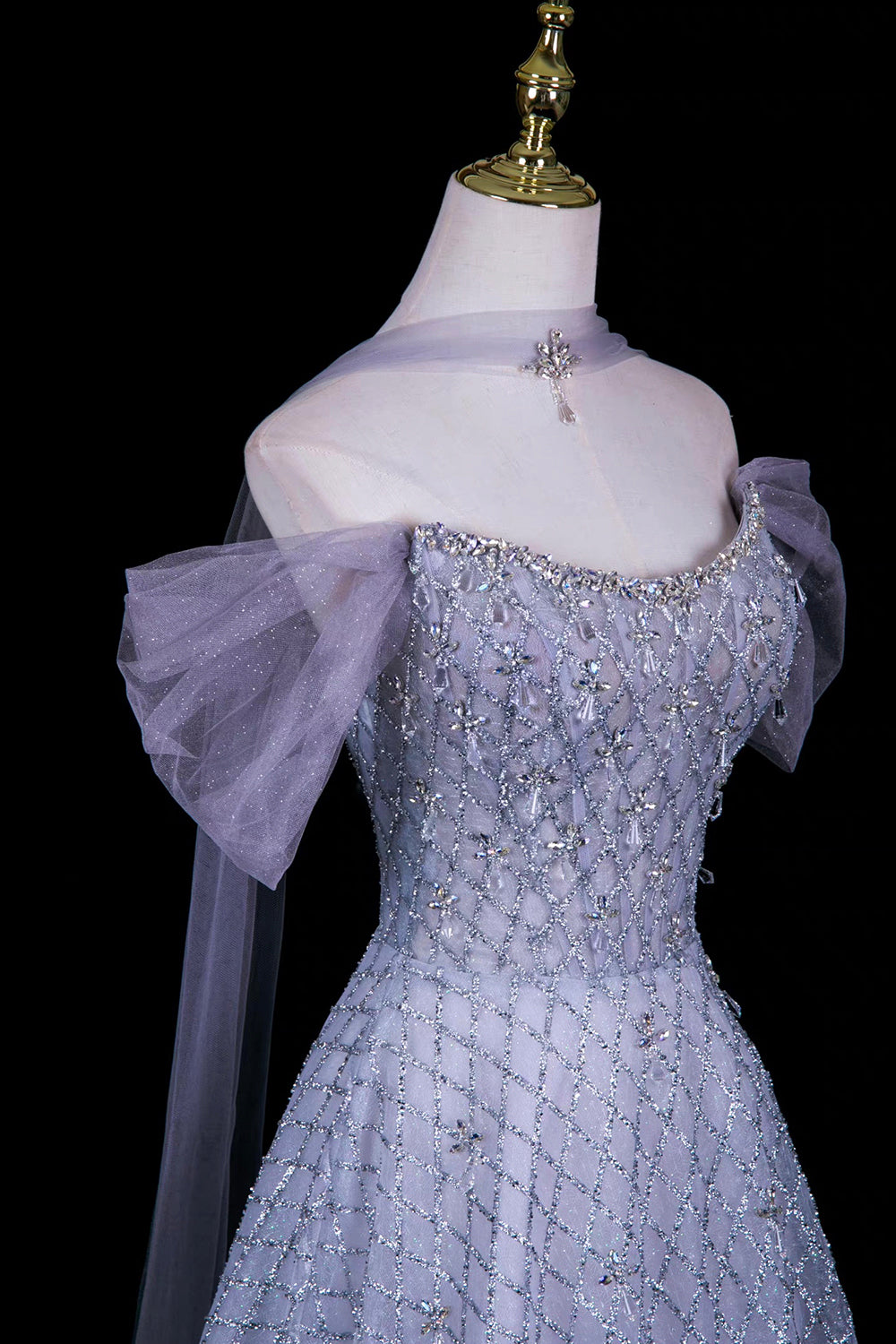 Grey Blue Sequin Off-Shoulder Ball Gown with Dramatic Cape