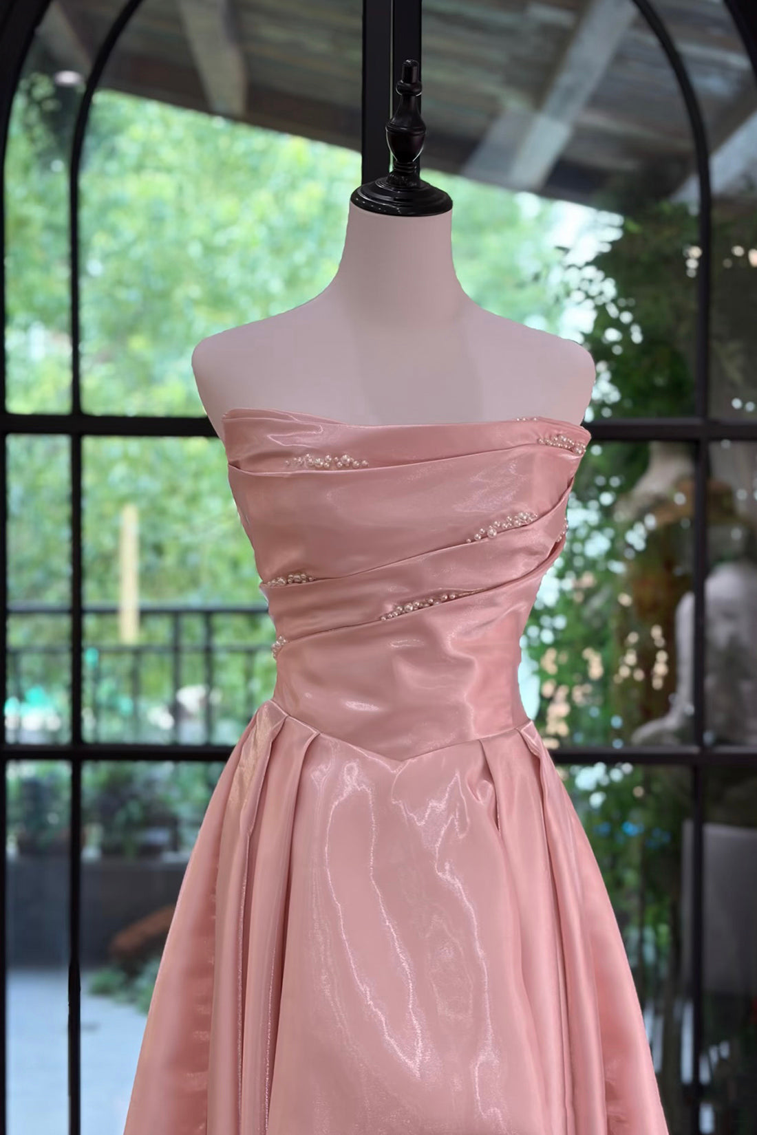 Pink Satin Off-Shoulder A-Line Evening Gown with Pearl Ruching