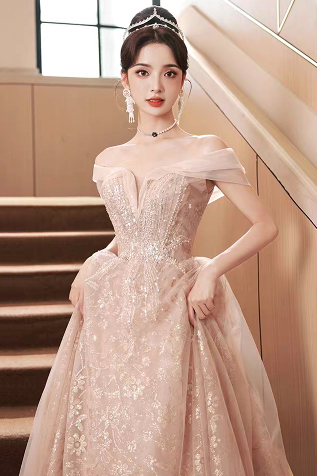 Pink Off-the-Shoulder Sequin Ball Gown with Tulle Skirt