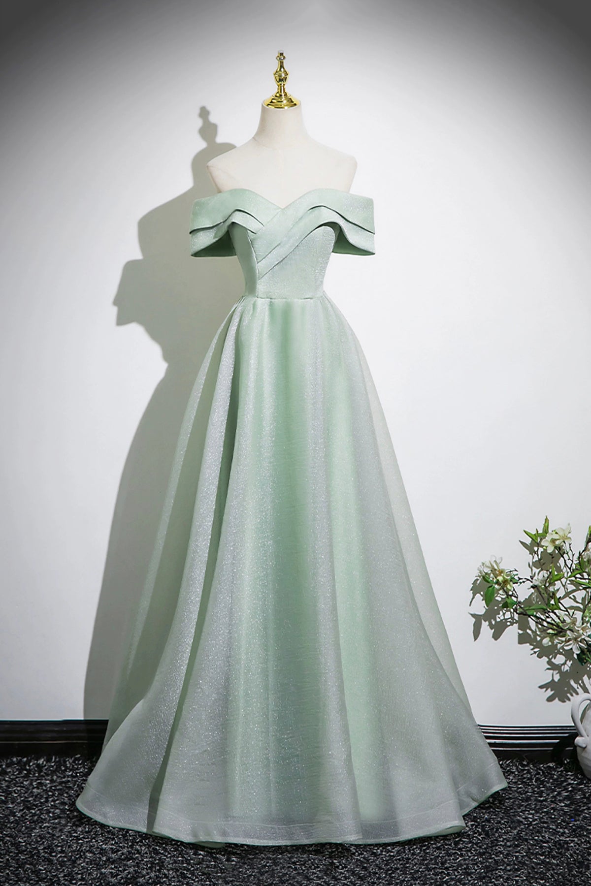 Green Tulle Long A-Line Prom Dress, Off the Shoulder Lovely Party Dress