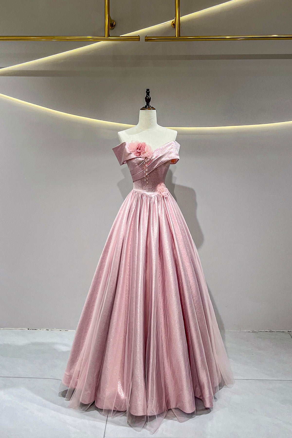 Lovely Pink Satin Long Prom Dresses, A-Line Off the Shoulder Formal Pa