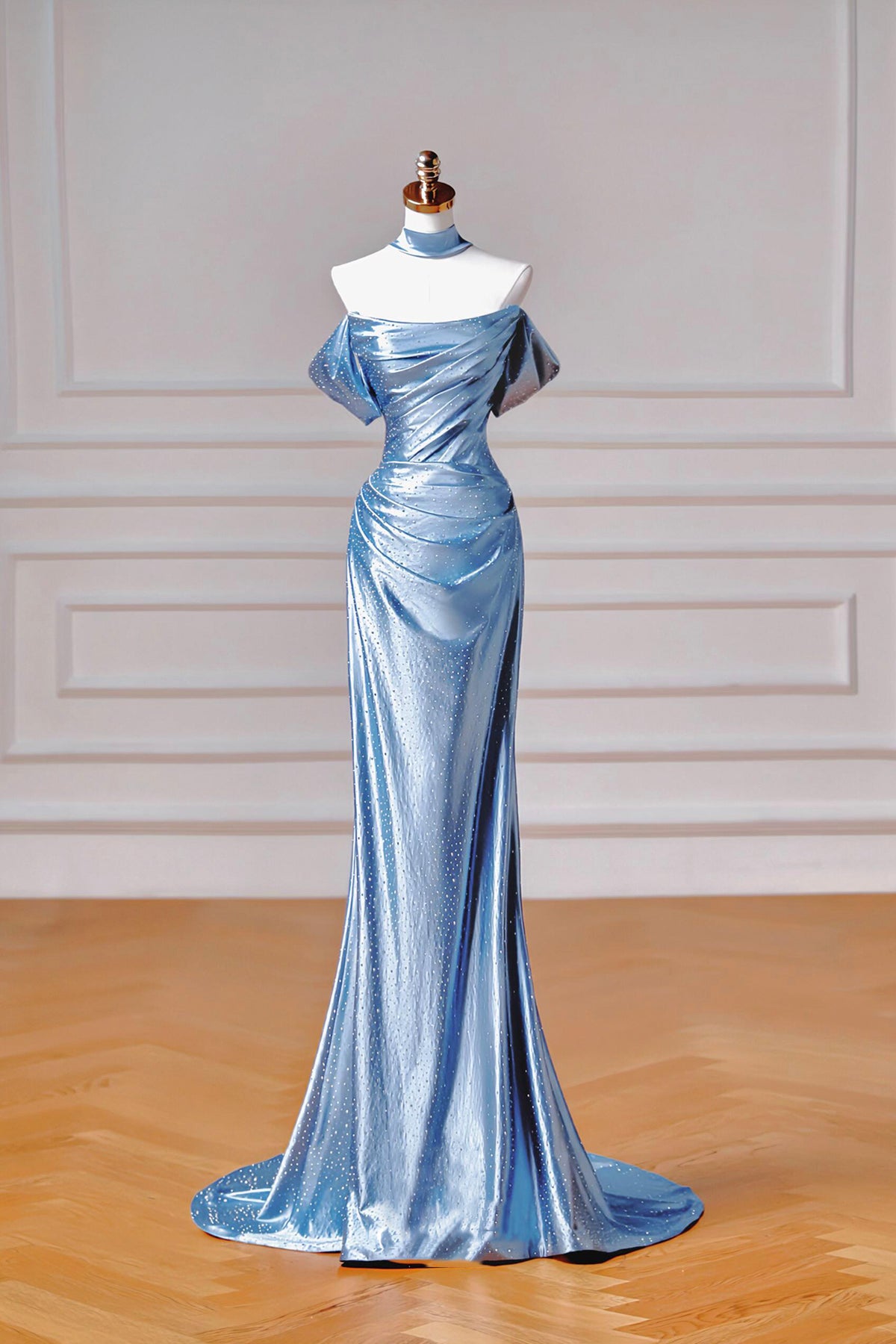 Ice Blue Off Shoulder Satin Mermaid Gown | Beaded Prom Dress