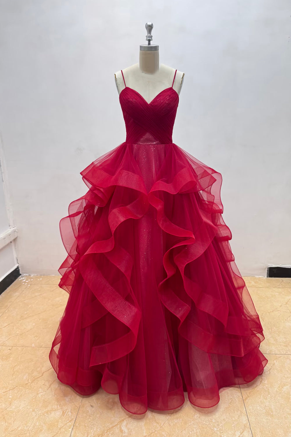 Deep Red Sparkle Tulle Ball Gown with Cascading Ruffles & Sweetheart Neckline