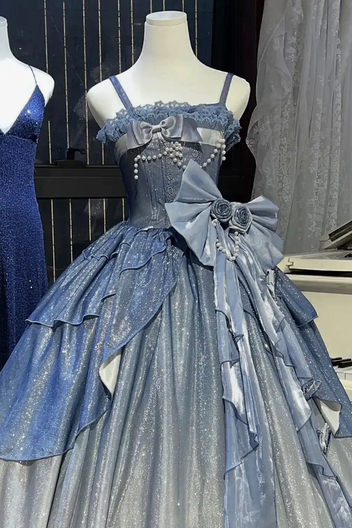Dreamy Blue Ombre Ball Gown with Giant Bow - Sparkle Corset Prom Dress with Pearl Details