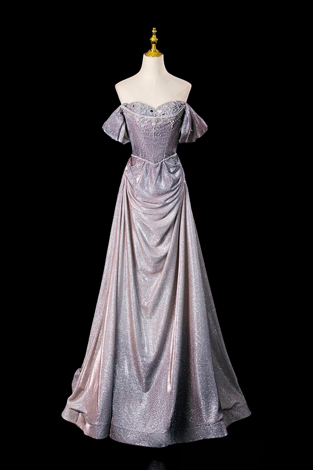 Elegant Off-the-Shoulder Glitter Prom Dress, Lilac Grey Formal Evening Gown
