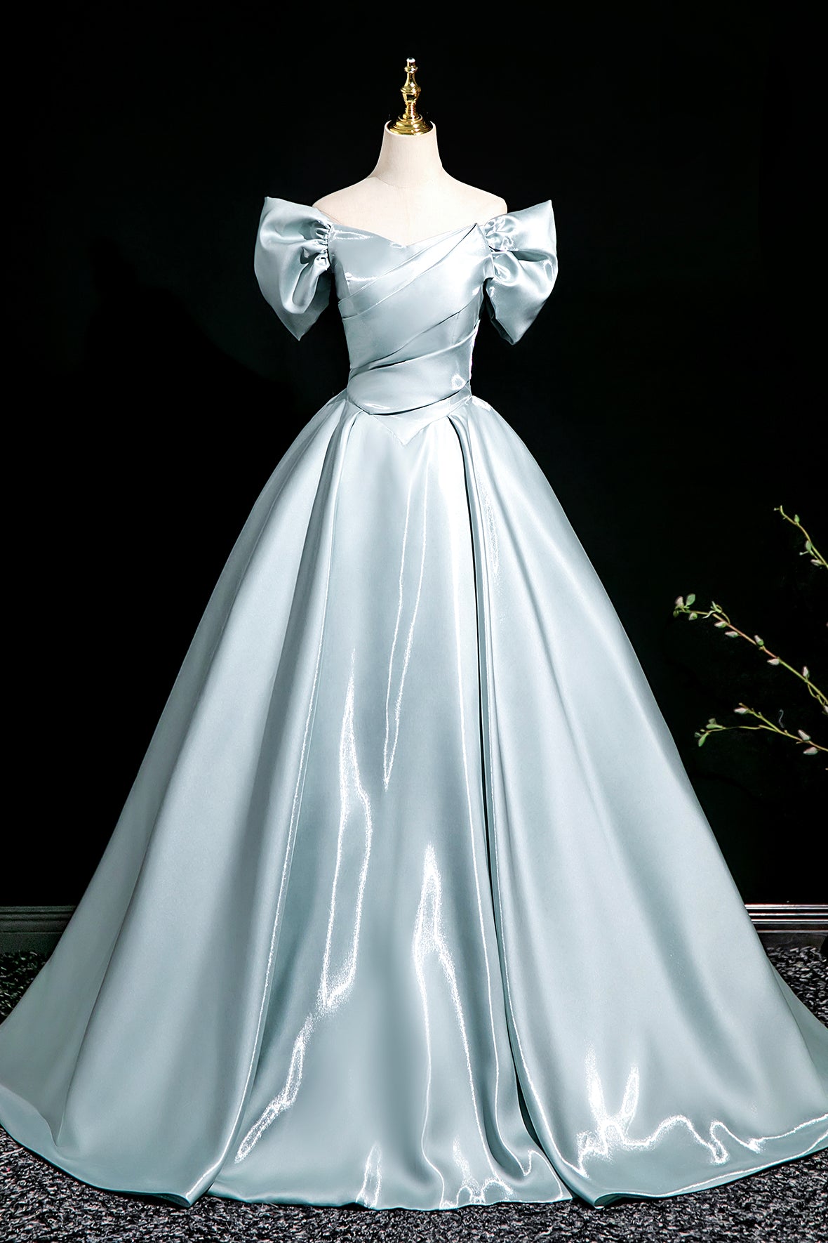 Blue Satin Long Prom Dress, A-Line Off the Shoulder Evening Party Dress