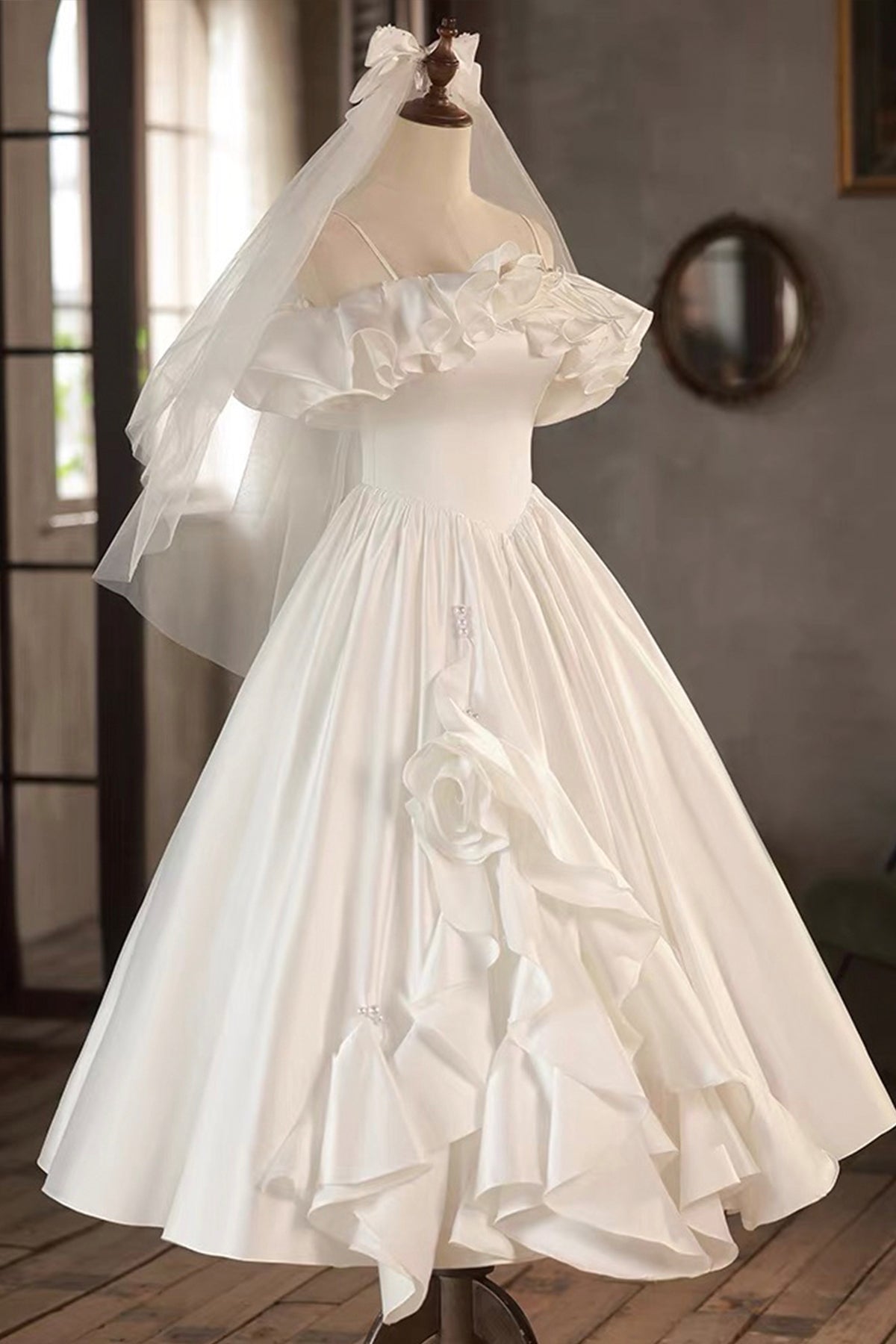 French-Style Off-Shoulder Satin Tea-Length Party Dress with Ruffled Hem