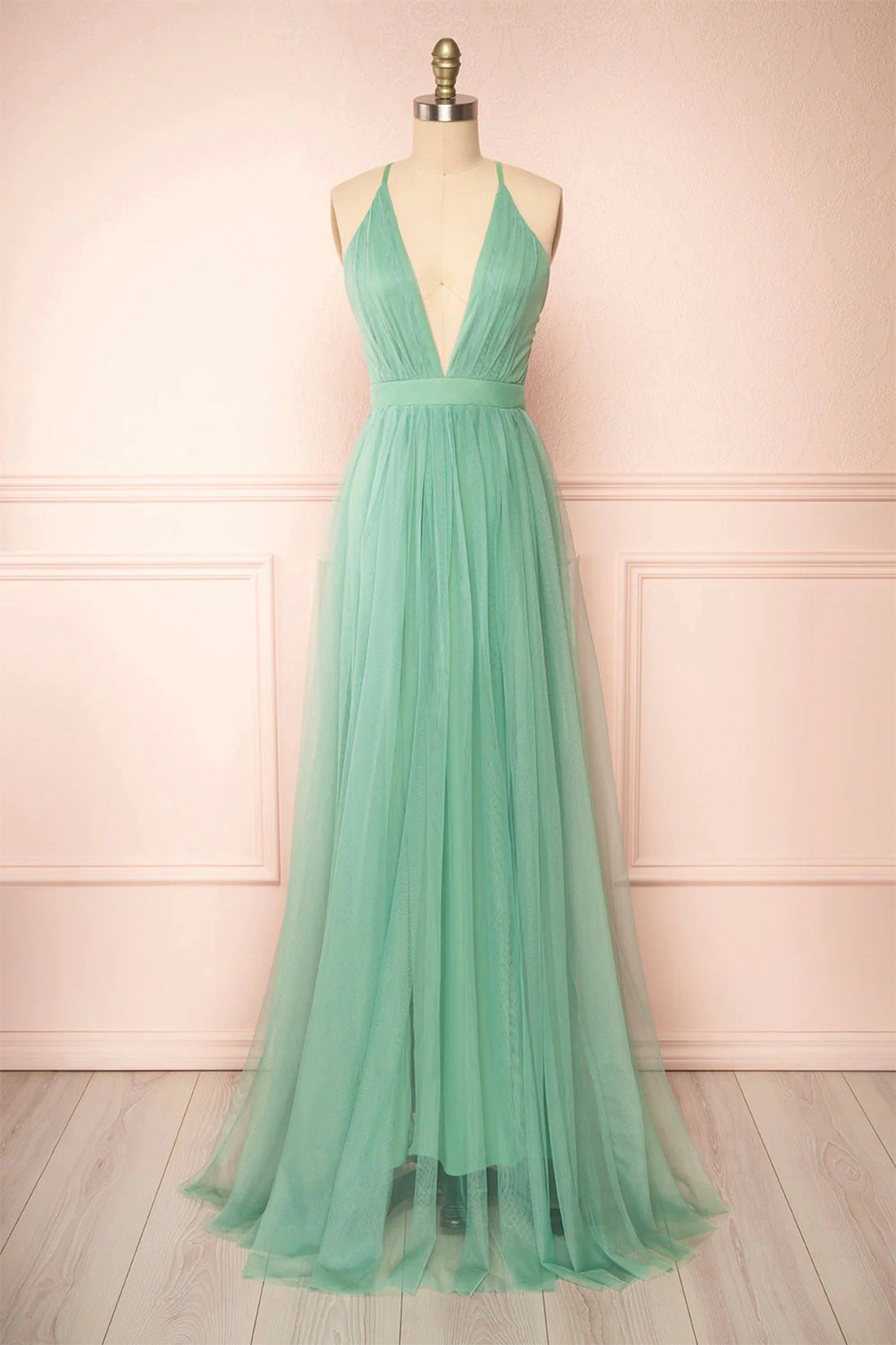 Sage Green V-Neck Tulle Long Prom Dress, Simple Backless Evening Dress Sage Green V-Neck Tulle Long Prom Dress, Simple Backless Evening Dress