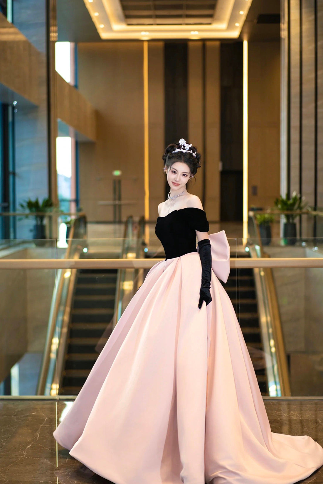 Black Velvet and Pink Satin Long Prom Dress, Off the Shoulder Evening