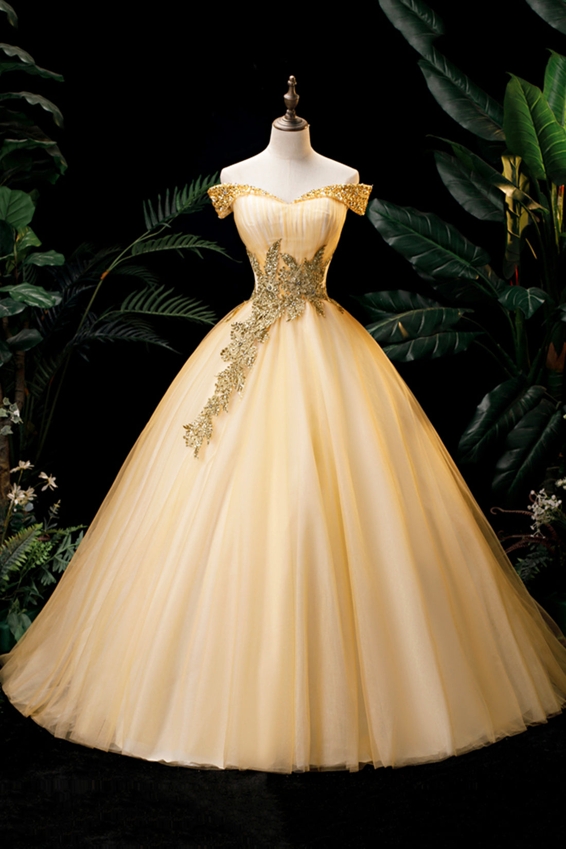 Gold off shoulder tulle long prom dress, gold evening dress