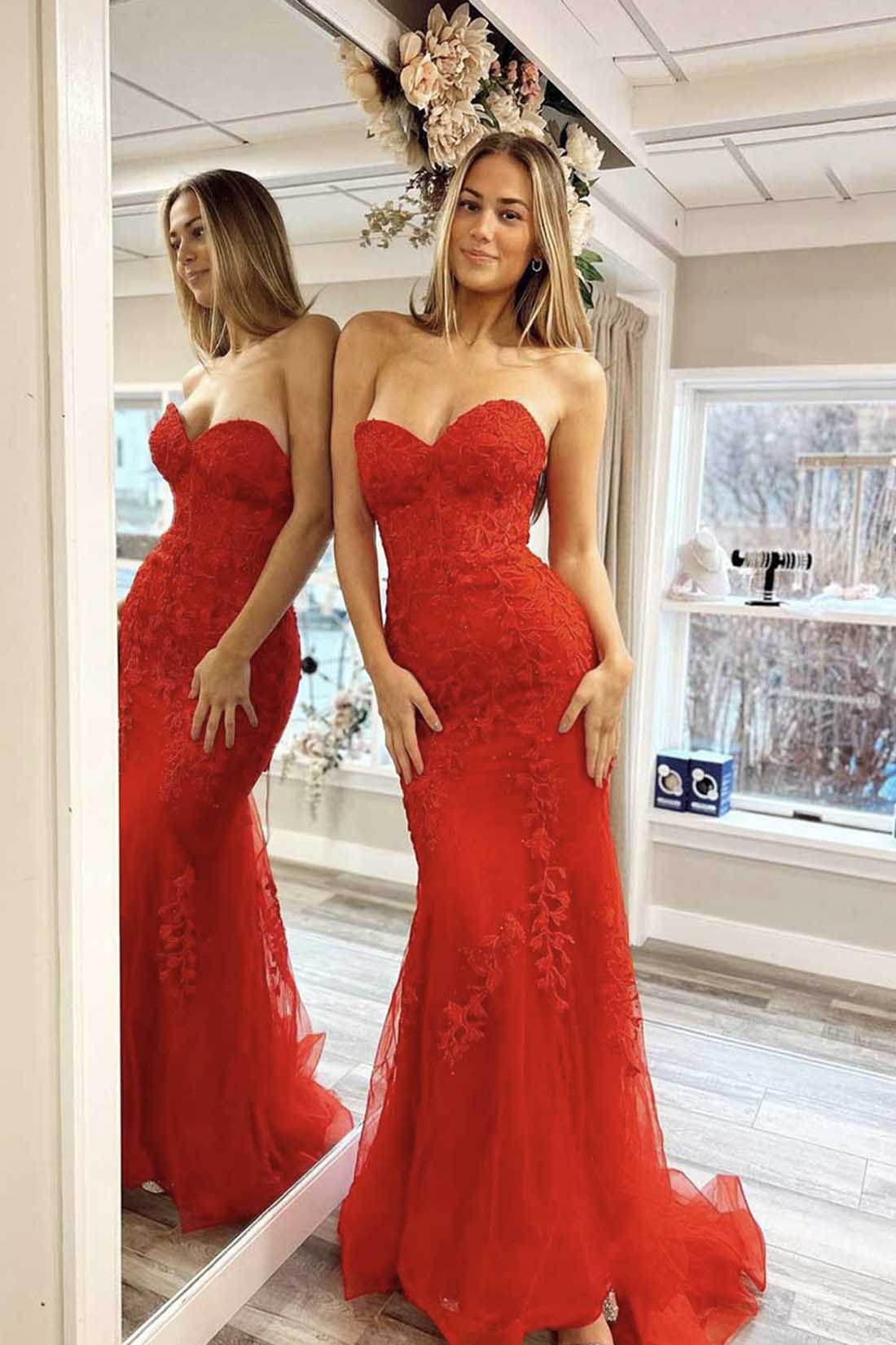 Red Lace Prom Dress with Train