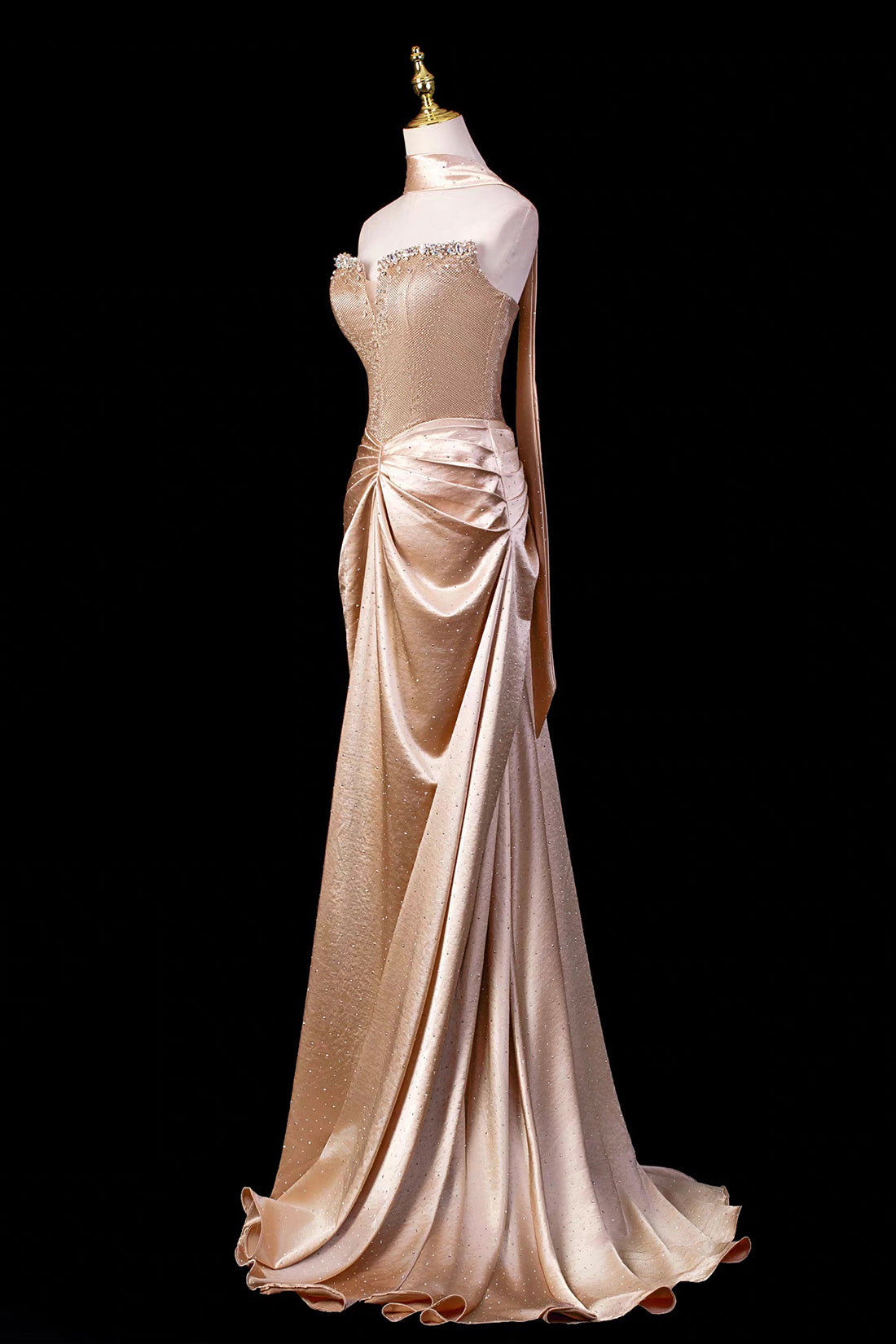 Gold Satin Strapless Gown with Crystal Embellished Bodice