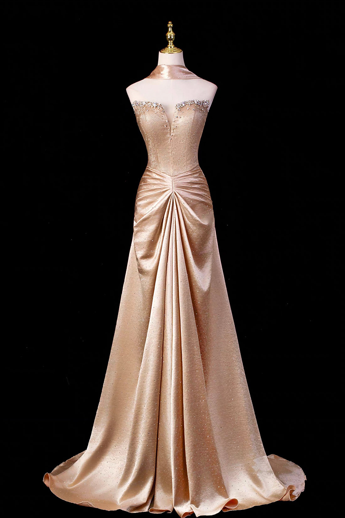 Gold Satin Strapless Gown with Crystal Embellished Bodice