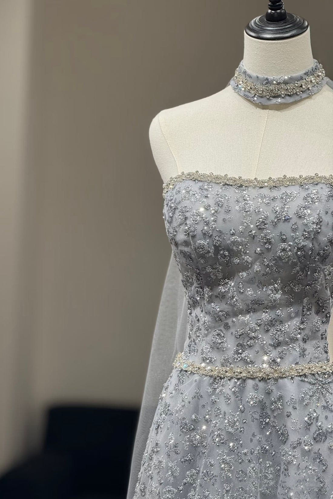 Silver Beaded Strapless Evening Gown with Detachable Cape