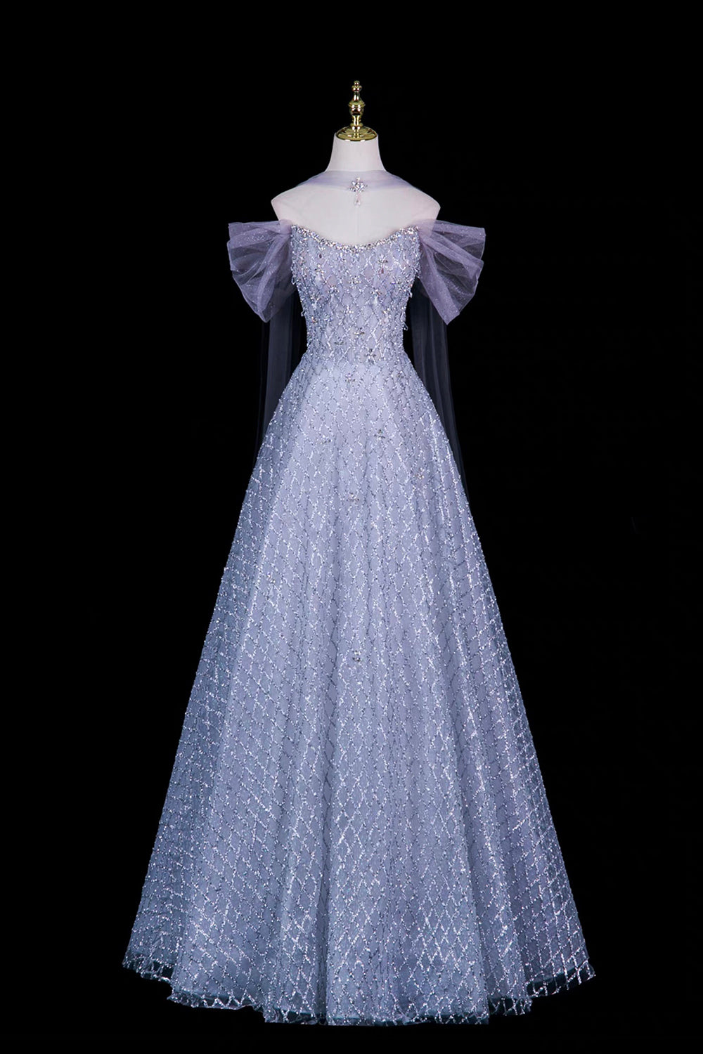 Grey Blue Sequin Off-Shoulder Ball Gown with Dramatic Cape