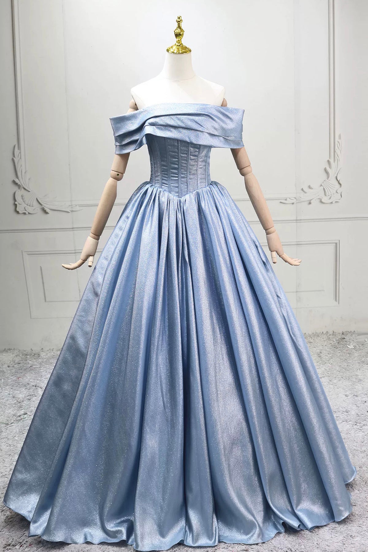 Blue Satin Purple Prom Gown Off Shoulder A-Line Floor Length Party Dress