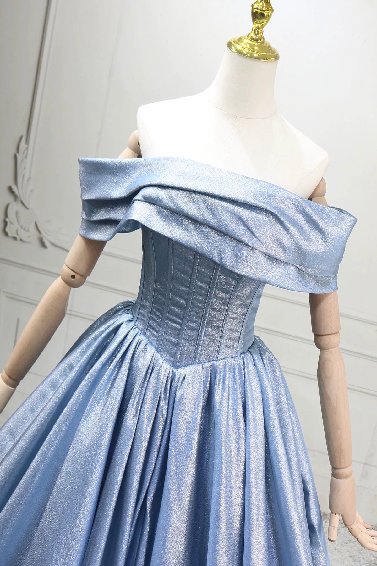 Blue Satin Purple Prom Gown Off Shoulder A-Line Floor Length Party Dress