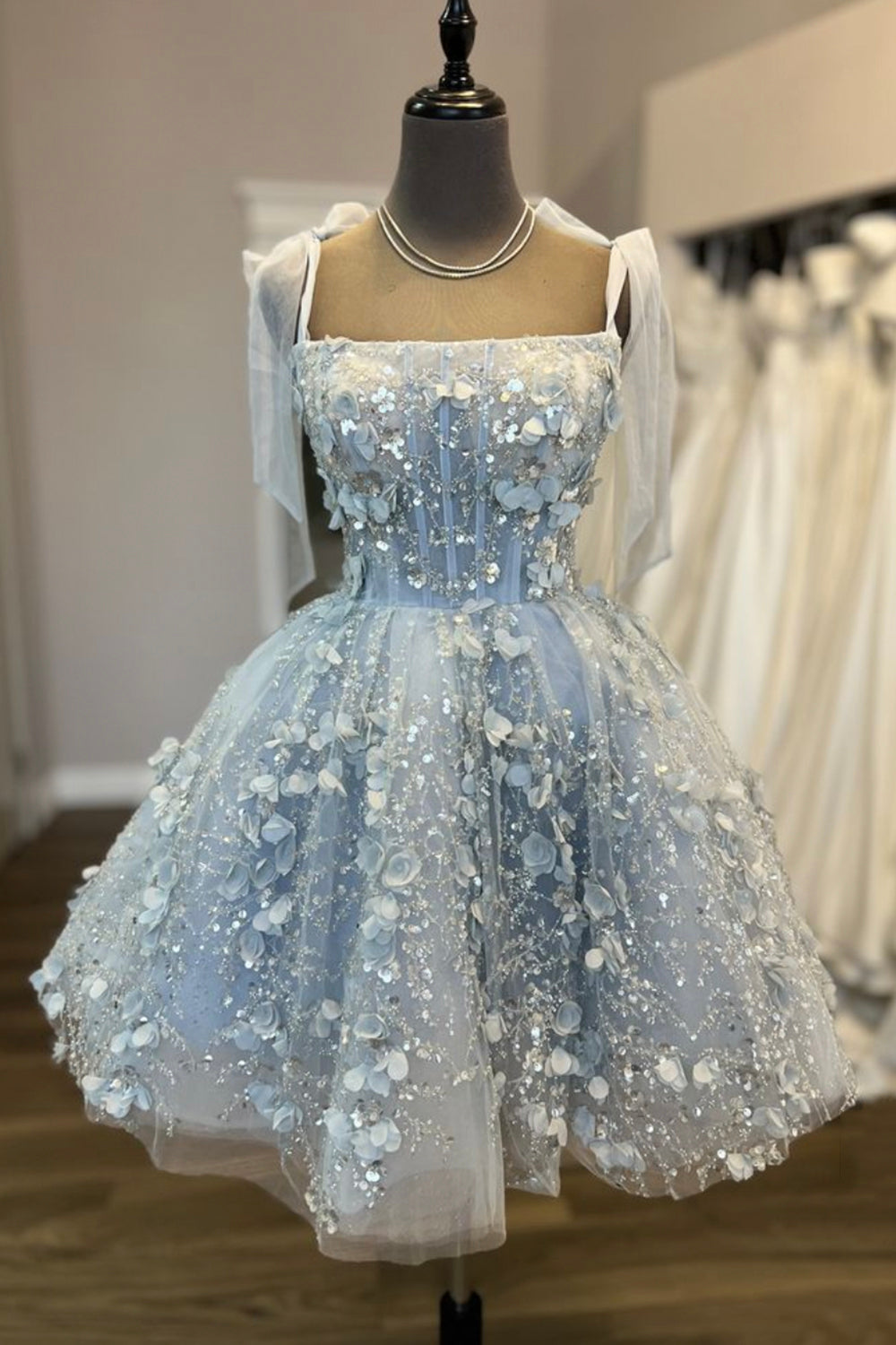 Blue 3D Floral Applique Mini Dress with Sequins & Tie Sleeves