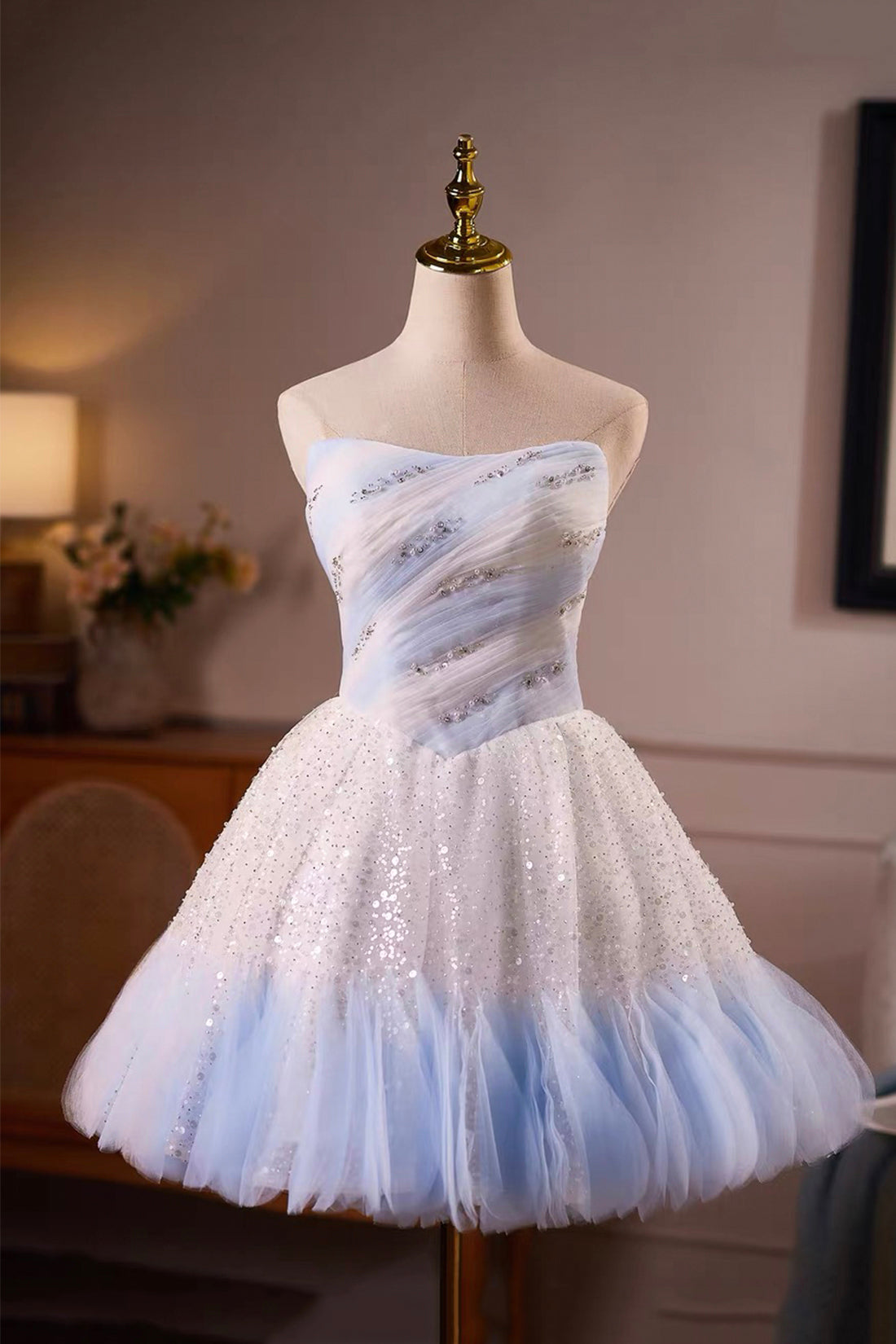 embellished strapless mini dress in blue and white ombré Light Gradient Sequin Size:EU 34/US 4.5 invisible zip on the dev-position-julianna-dresses:number:5 Velvet Teddy Target New