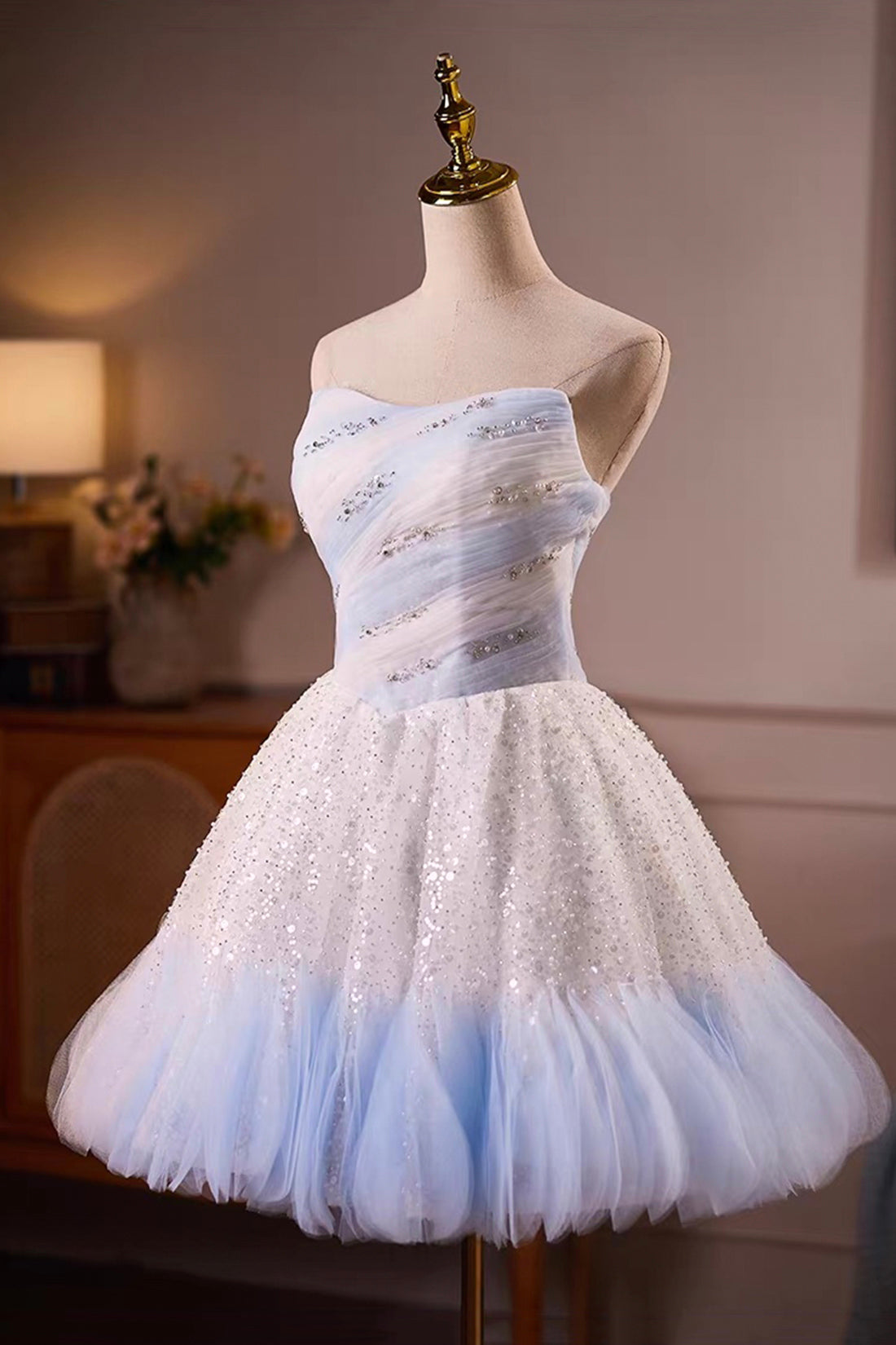 Light Blue Gradient Sequin Strapless Mini Dress with Tulle Skirt