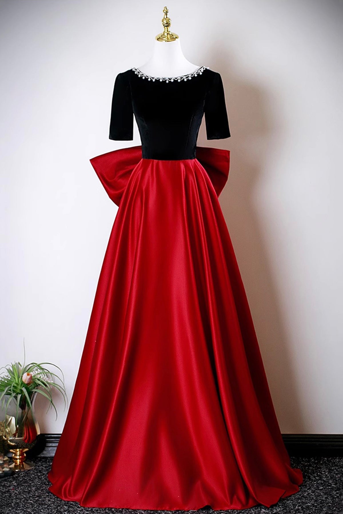 Black Velvet and Red Satin Long Prom Dress, Elegant A-Line Evening Par Black Velvet and Red Satin Long Prom Dress, Elegant A-Line Evening Par