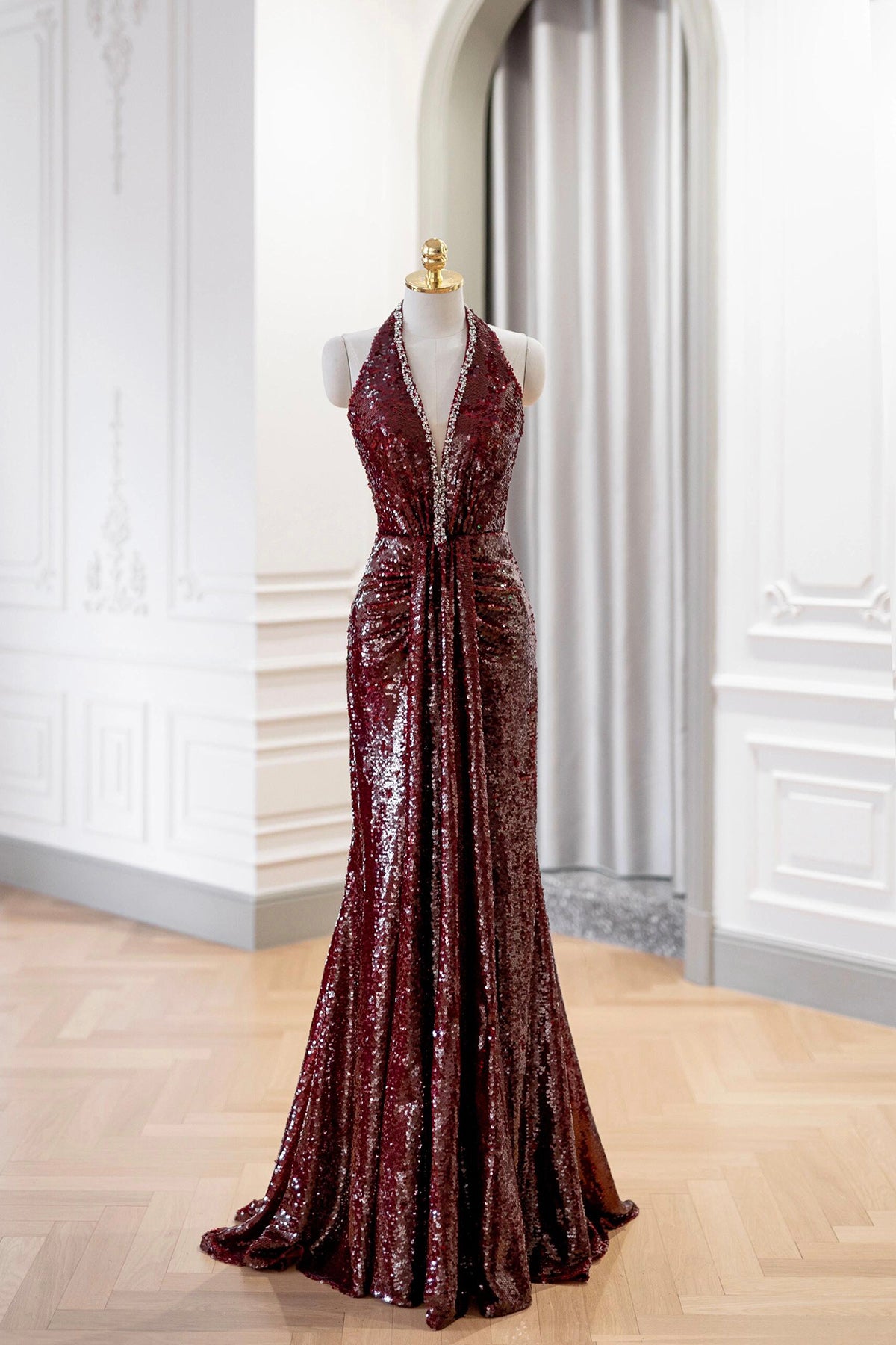 Burgundy Sequins Long Prom Dress, A-Line V-Neck Evening Party Dress