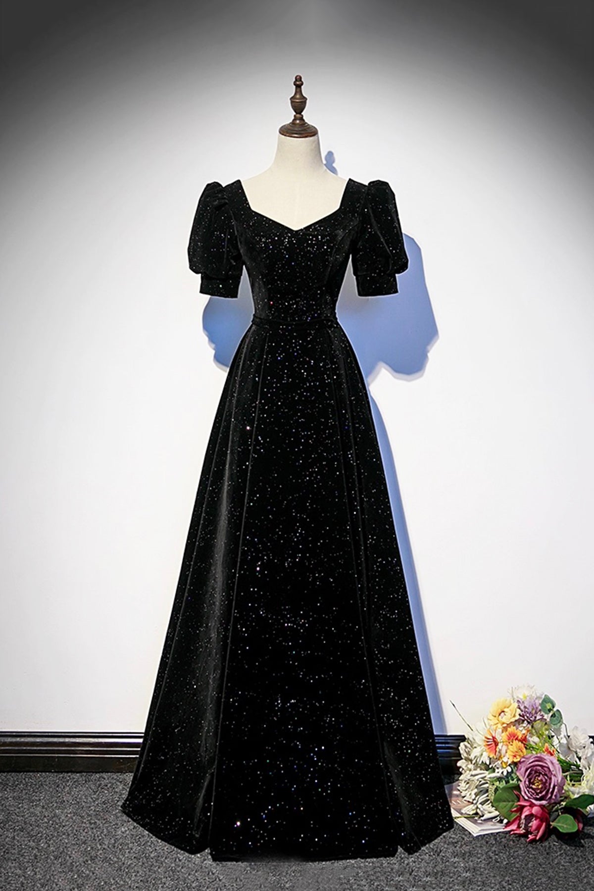 Black Velvet Long Prom Dress, A-Line Short Sleeve Evening Party Dress