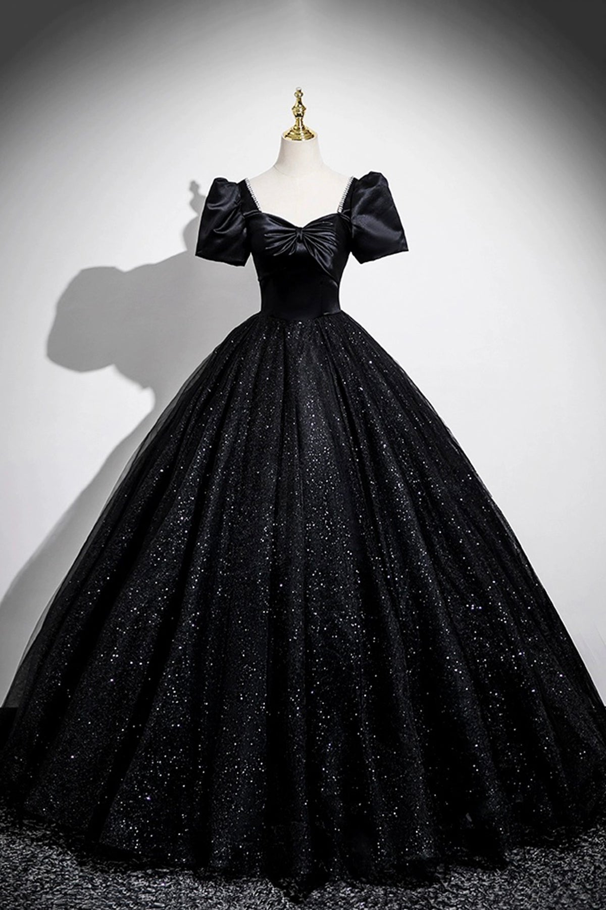 Black Satin and Shiny Tulle Long Prom Dress, Black A-Line Short Sleeve Party Dress