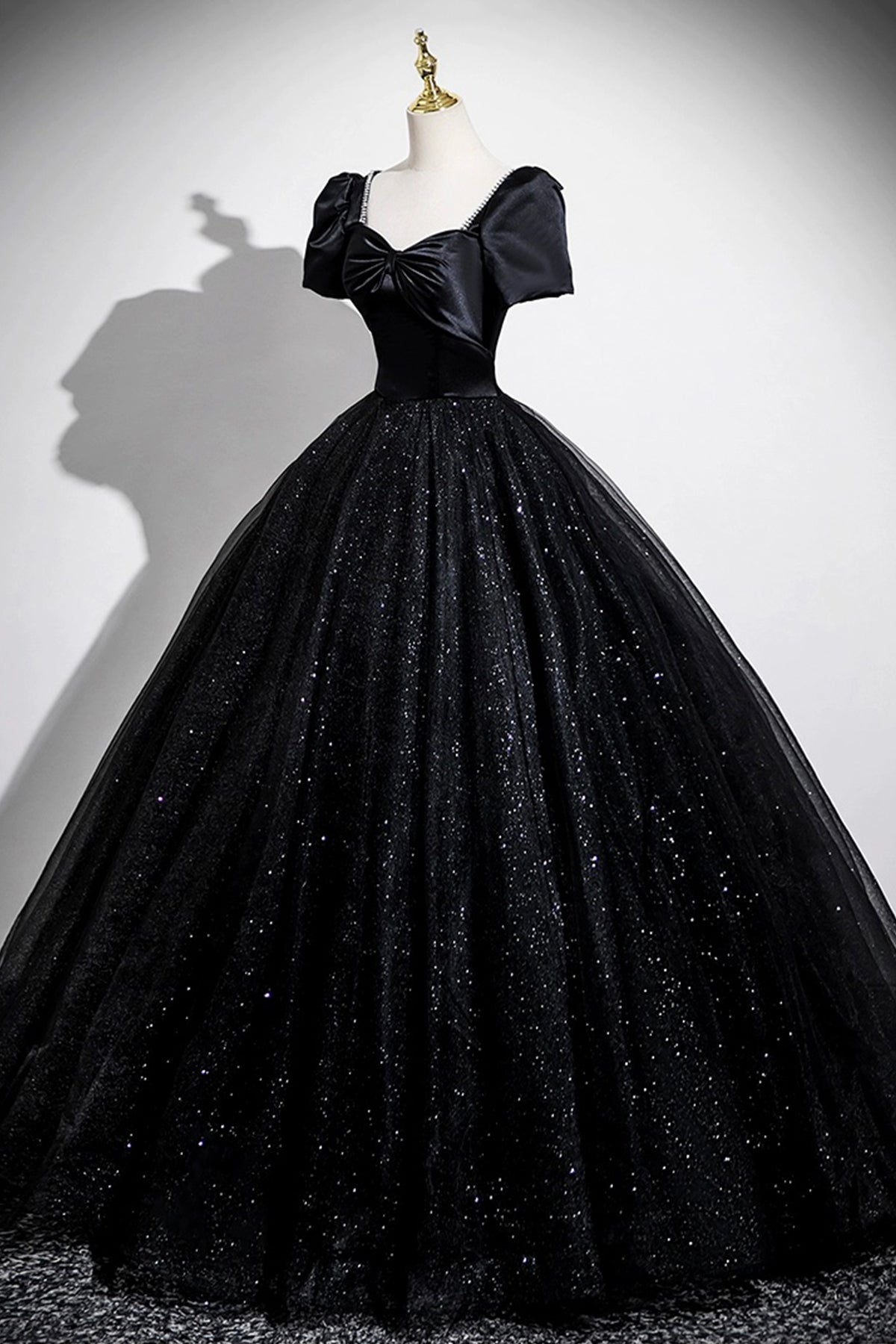 Black Satin and Shiny Tulle Long Prom Dress, Black A-Line Short Sleeve Party Dress