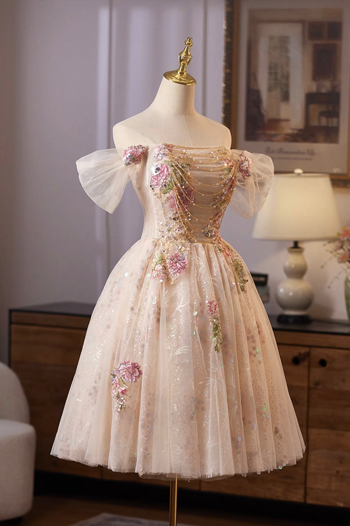 Champagne Tulle Sequins Short Prom Dress, A-Line Off the Shoulder Party Dress