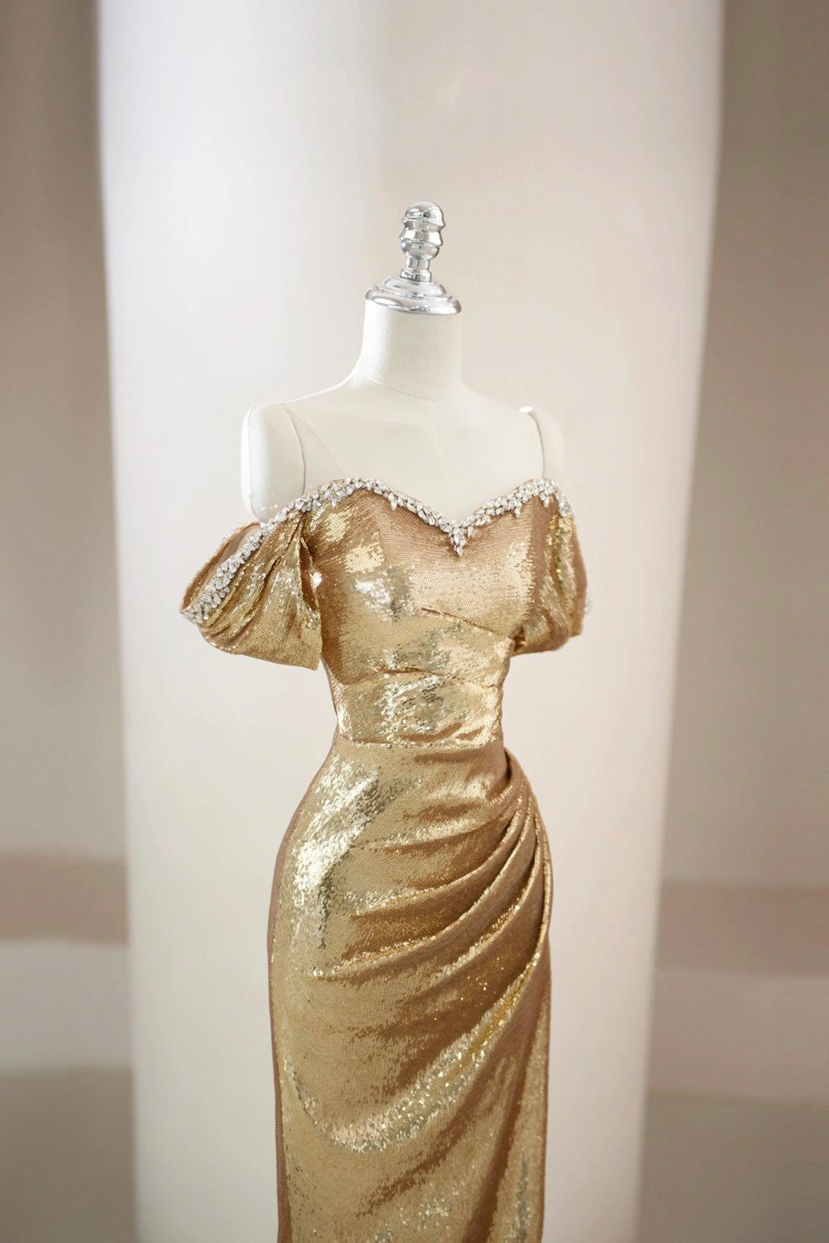 Gold Sequin Off-the-Shoulder Mermaid Evening Gown with Beaded Trim