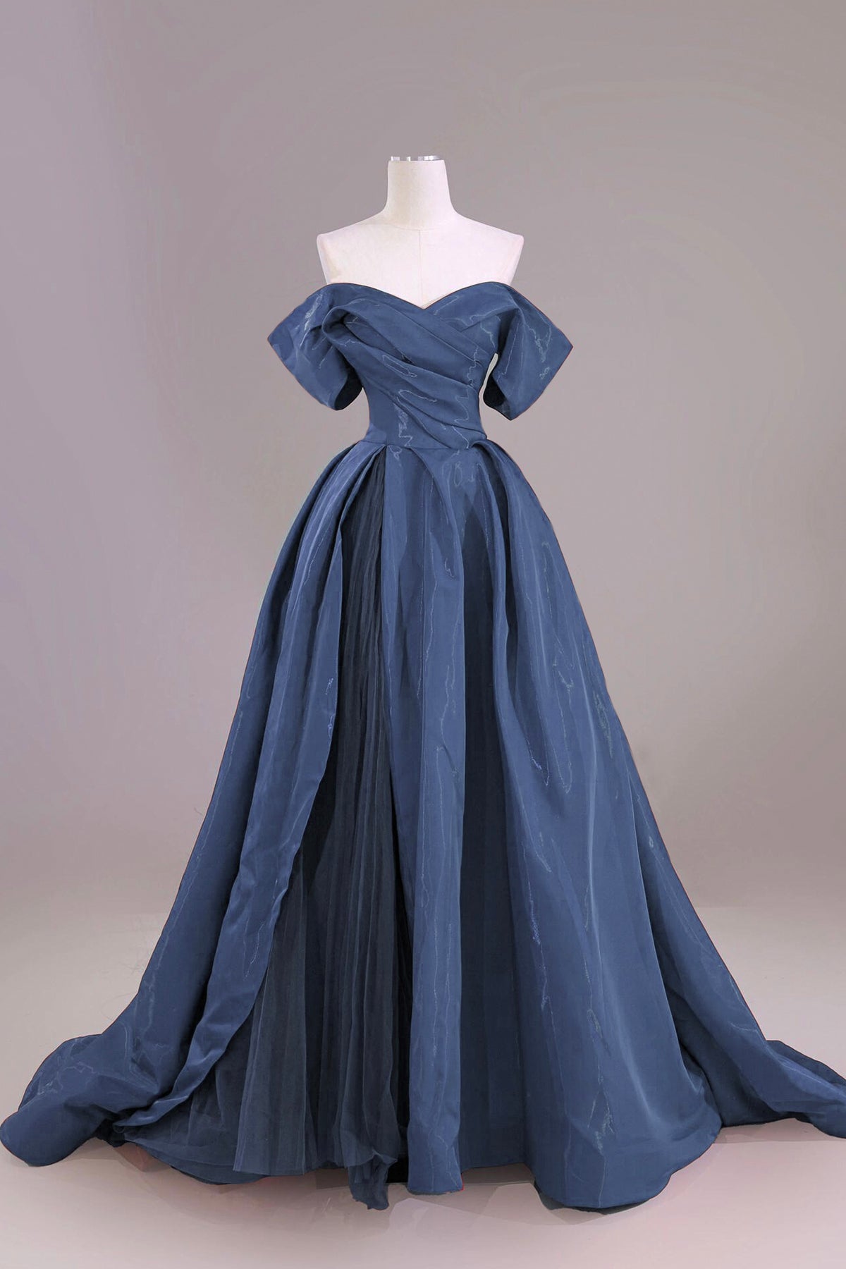 Blue Satin Floor Length Prom Dress, Elegant Off the Shoulder Party Dress