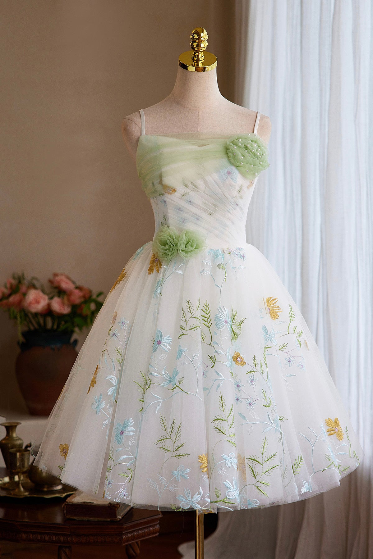 White Tulle Floral Short Prom Dress, Beautiful A-Line Homecoming Party Dress
