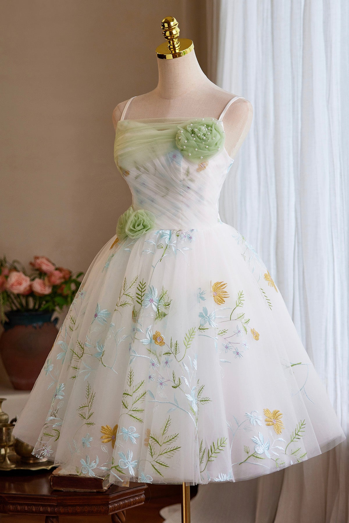 White Tulle Floral Short Prom Dress, Beautiful A-Line Homecoming Party Dress