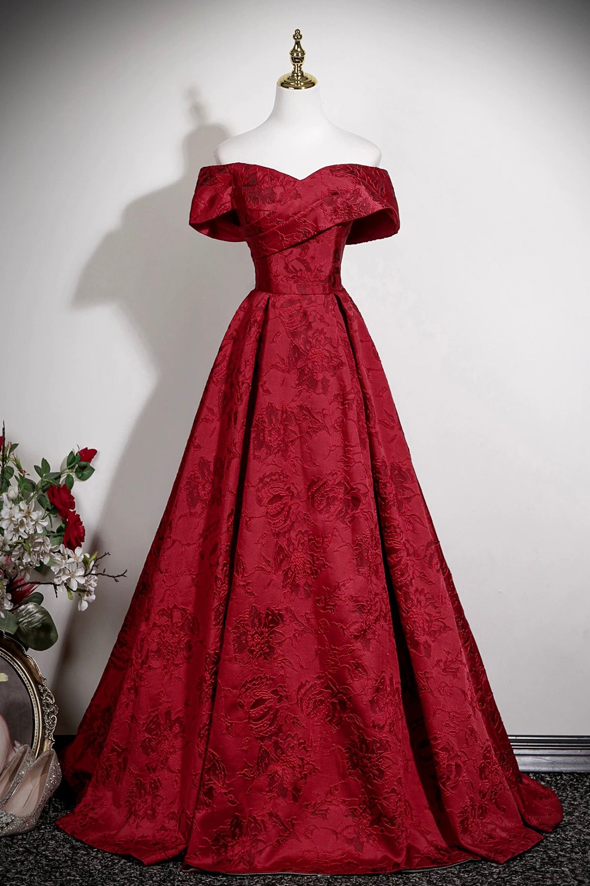 Burgundy Printed Pattern Long Prom Dress, Elegant A-Line Party Dress