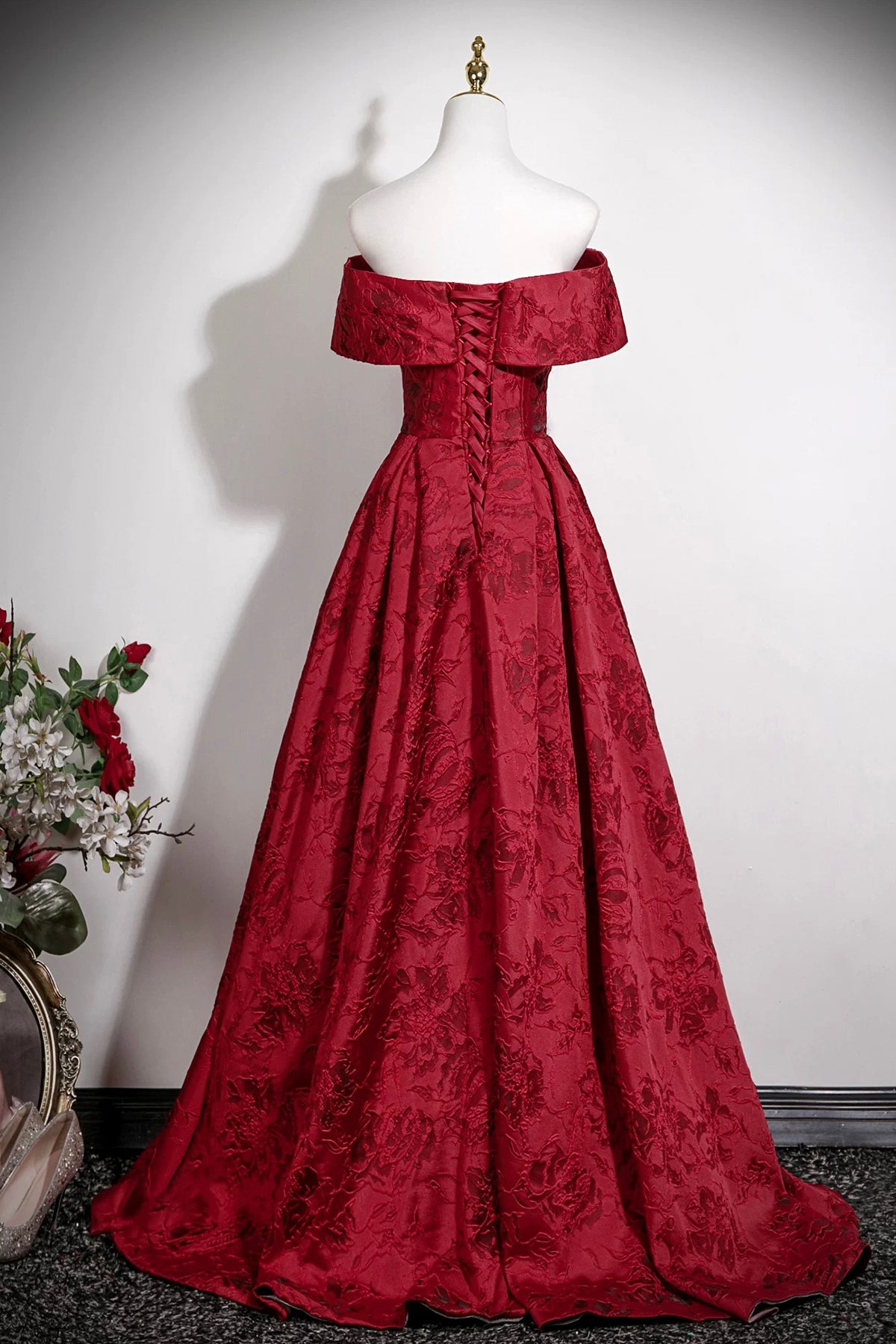 Burgundy Printed Pattern Long Prom Dress, Elegant A-Line Party Dress