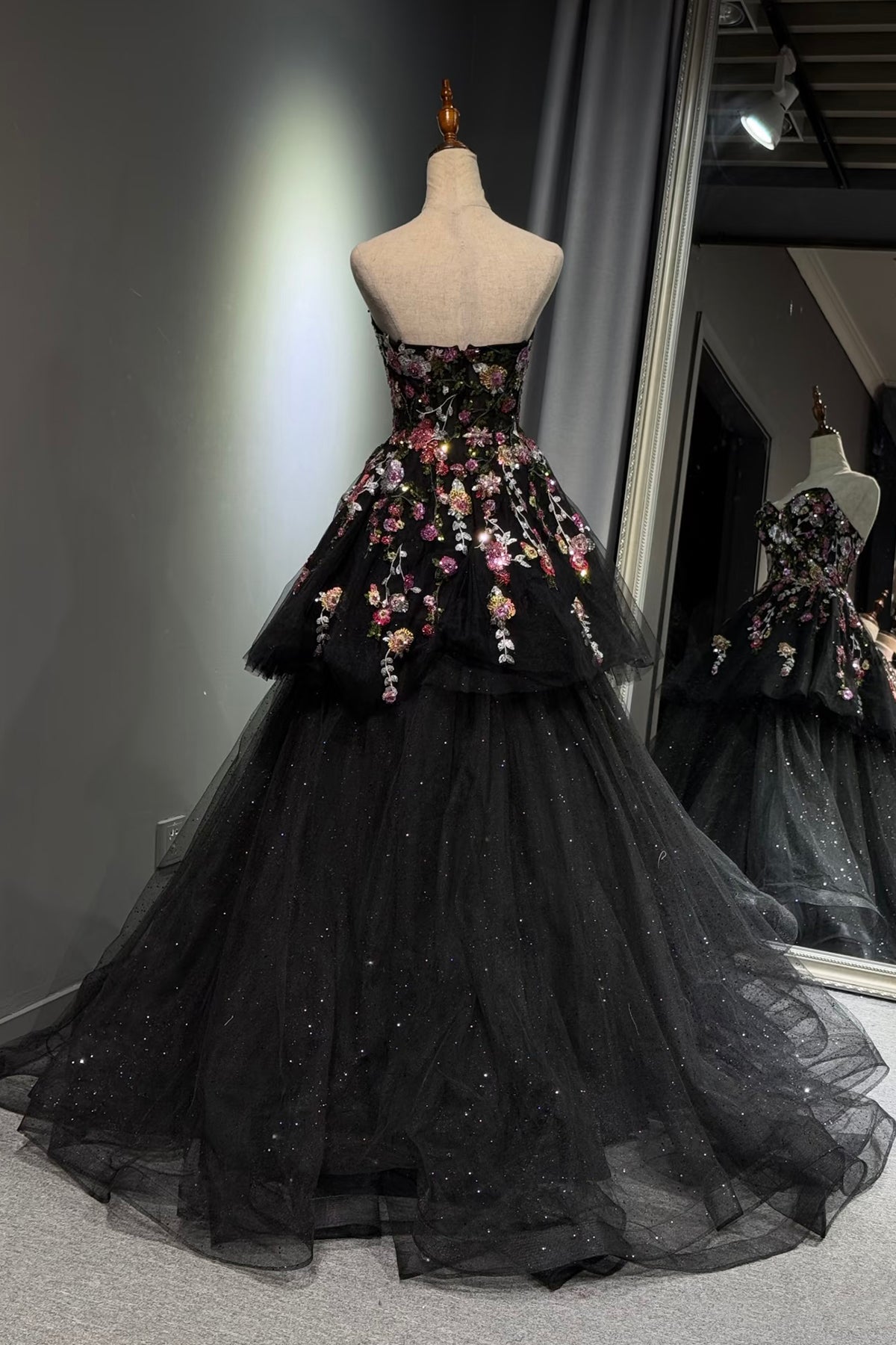 Black Floral Embroidered Ball Gown, A-Line Strapless Glitter Tulle Prom Dress