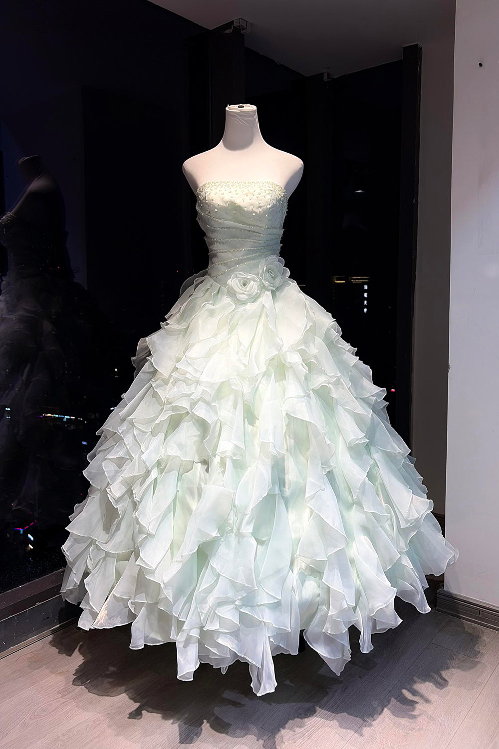 Mint Green Strapless Ball Gown with Tiered Ruffles