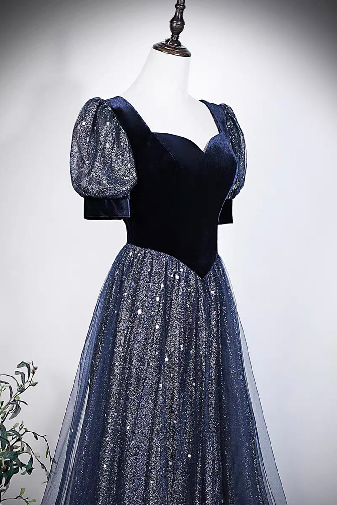 Navy Blue Velvet and Sequin Tulle Gown with Puff Sleeves