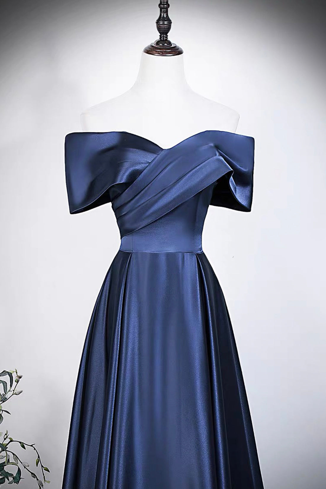 Navy Blue Satin Off-Shoulder Evening Gown with Draped Bodice