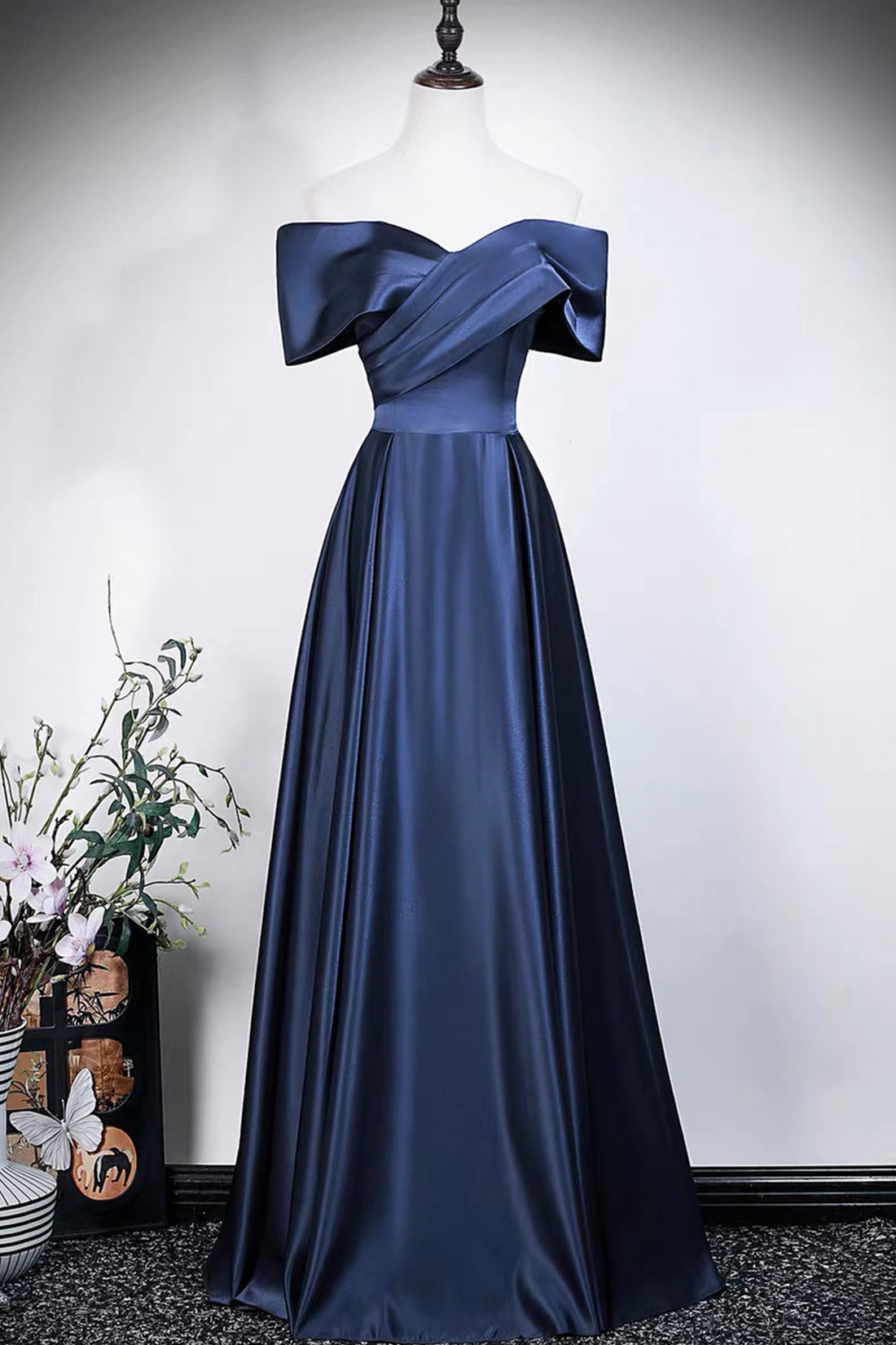 Navy Blue Satin Off-Shoulder Evening Gown with Draped Bodice