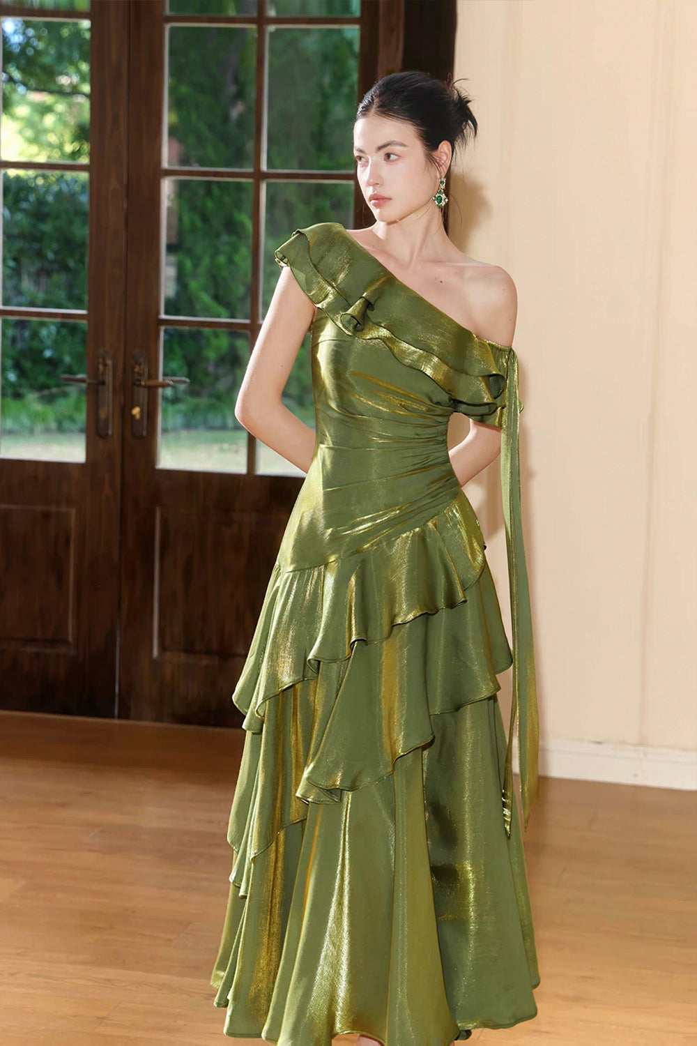Olive Green Metallic One-Shoulder Evening Party Gown with Ruffles