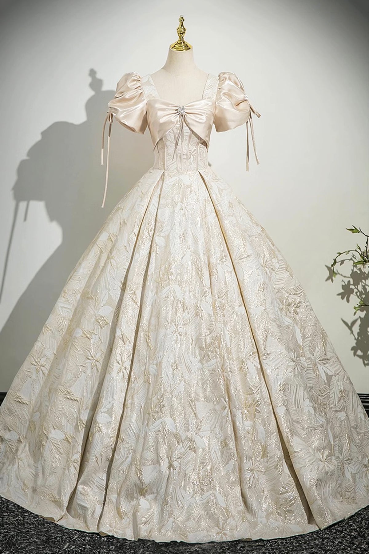 Champagne Satin Printed Pattern Long Prom Dress, Beautiful A-Line Party Dress