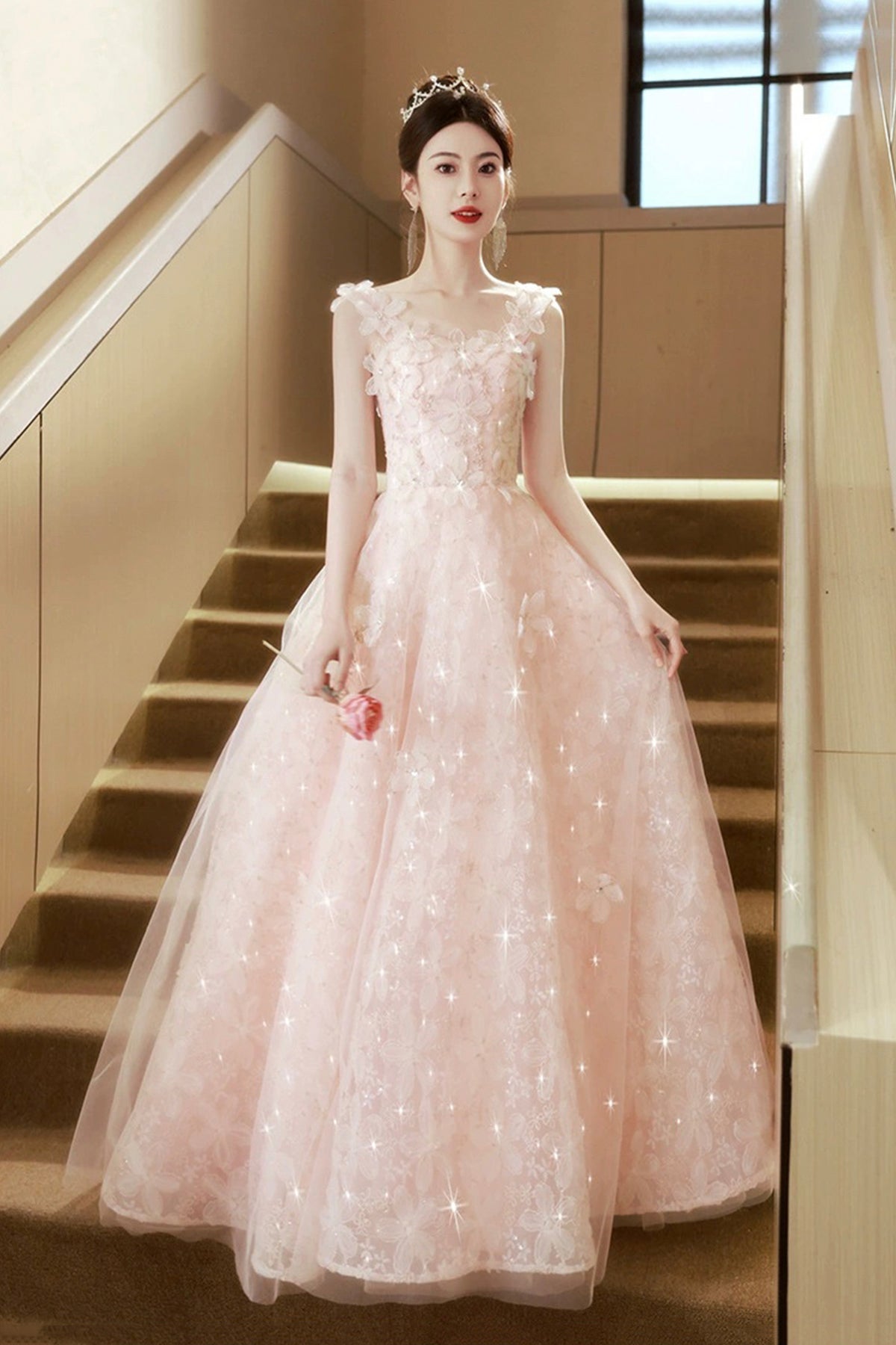 Pink Flowers Tulle Long Prom Dress, Pink A-line Evening Party Dress