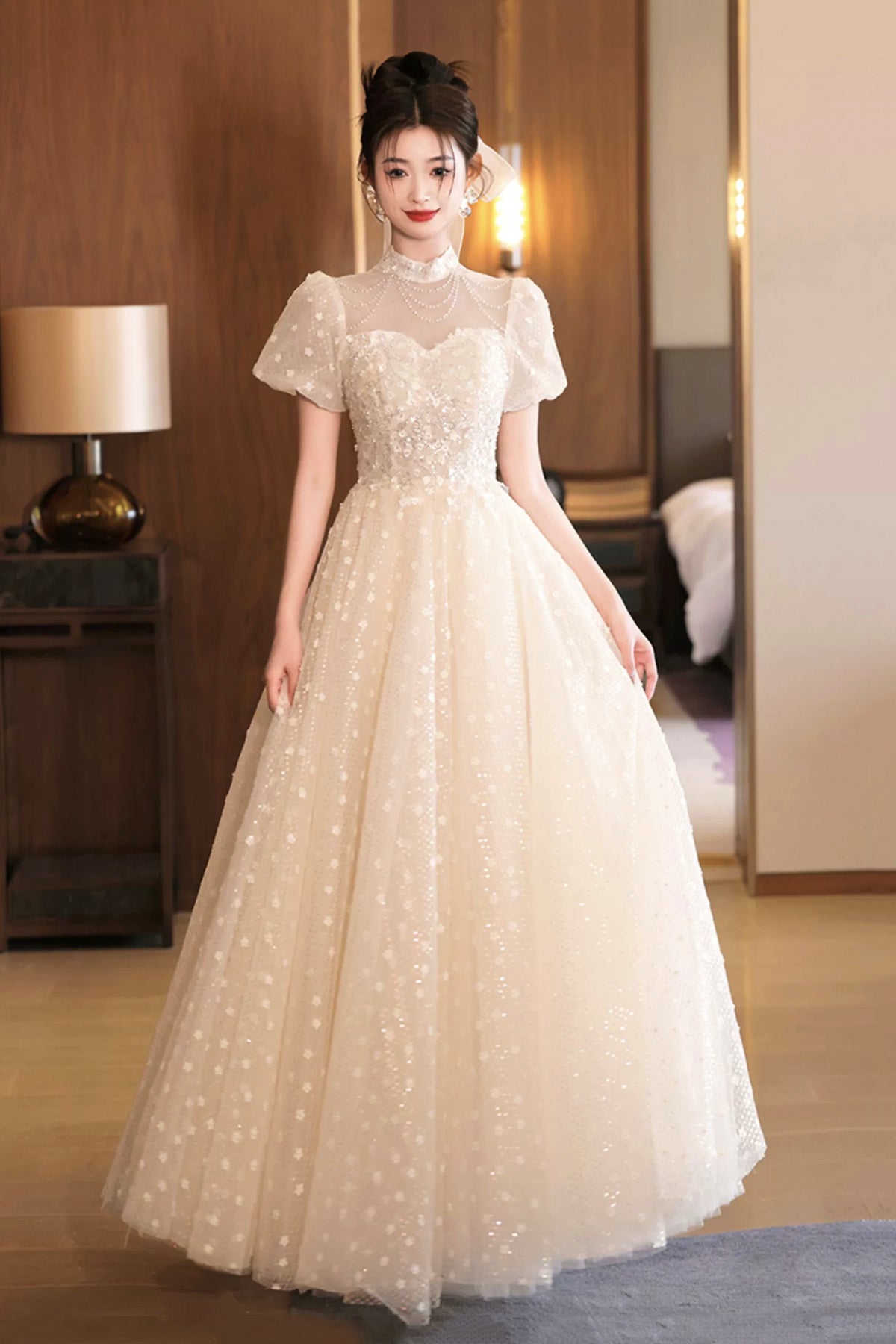 Champagne Tulle Sequins Long Prom Dress, A-Line Short Sleeve Evening Party Dress