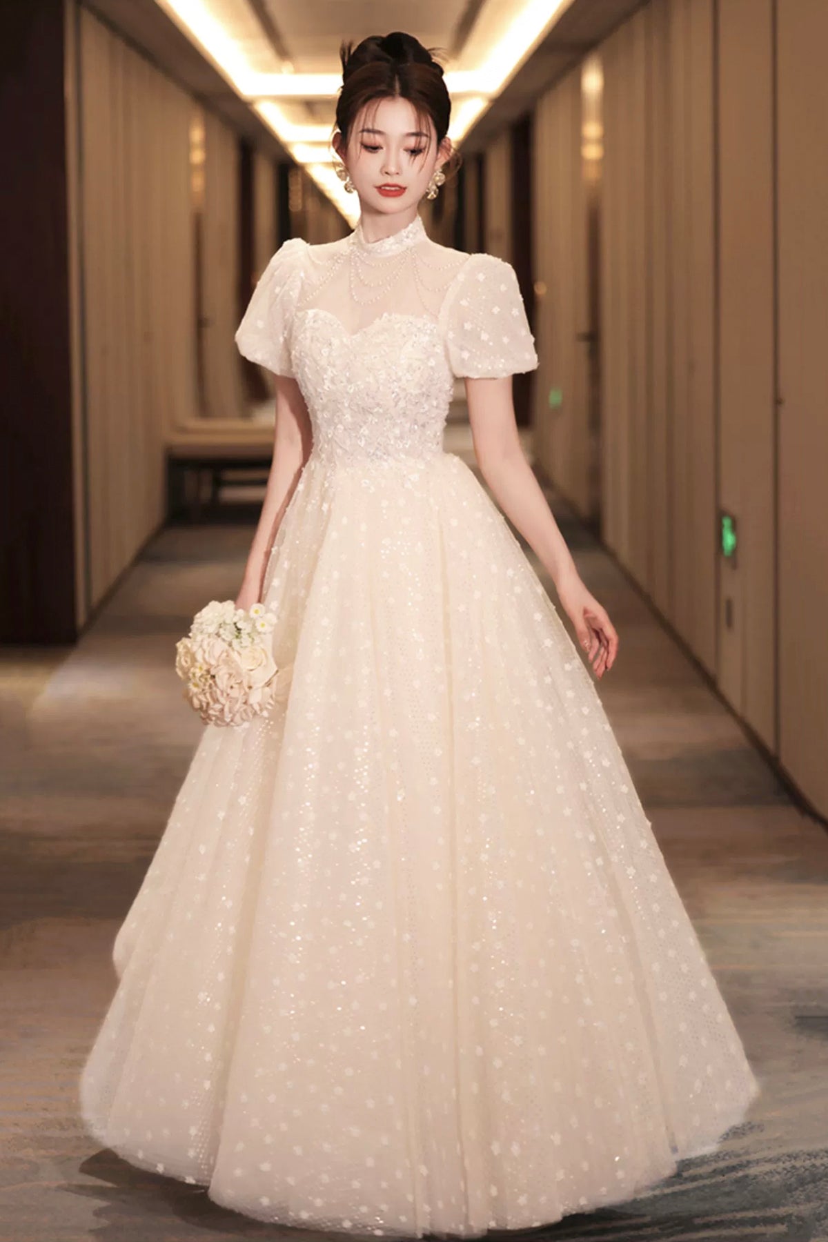 Champagne Tulle Sequins Long Prom Dress, A-Line Short Sleeve Evening Party Dress