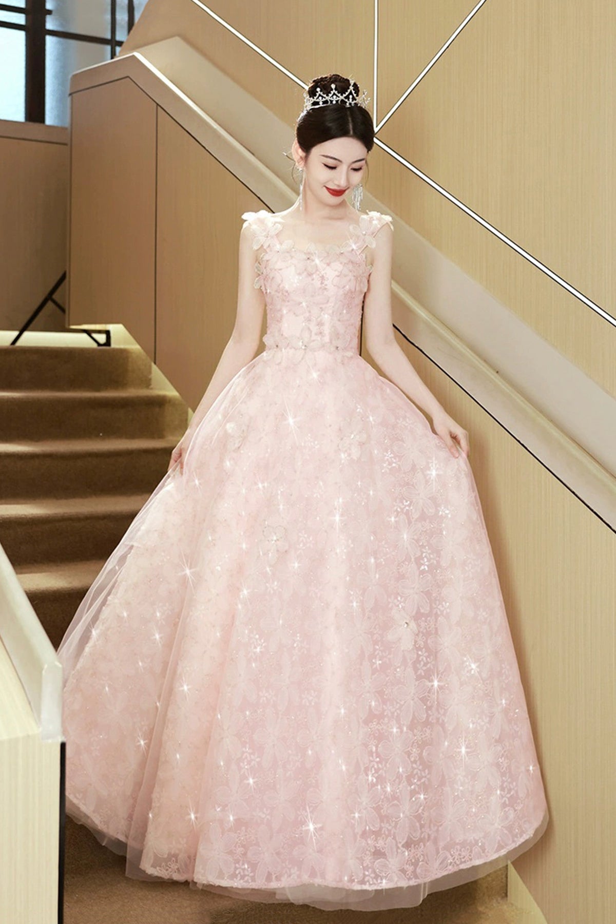 Pink Flowers Tulle Long Prom Dress, Pink A-line Evening Party Dress