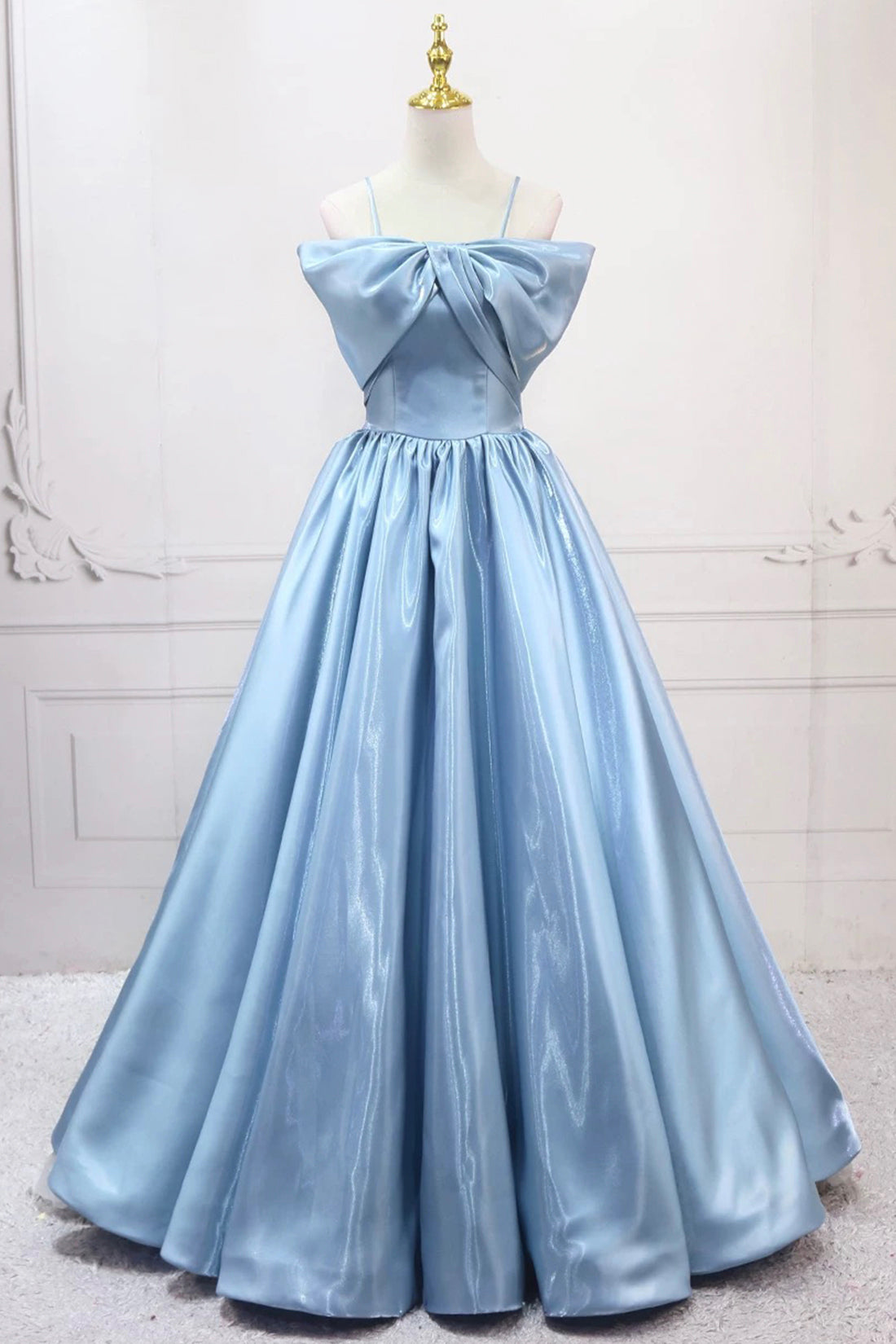 Blue Satin Long A-Line Prom Dress, Blue Spaghetti Strap Evening Party Dress