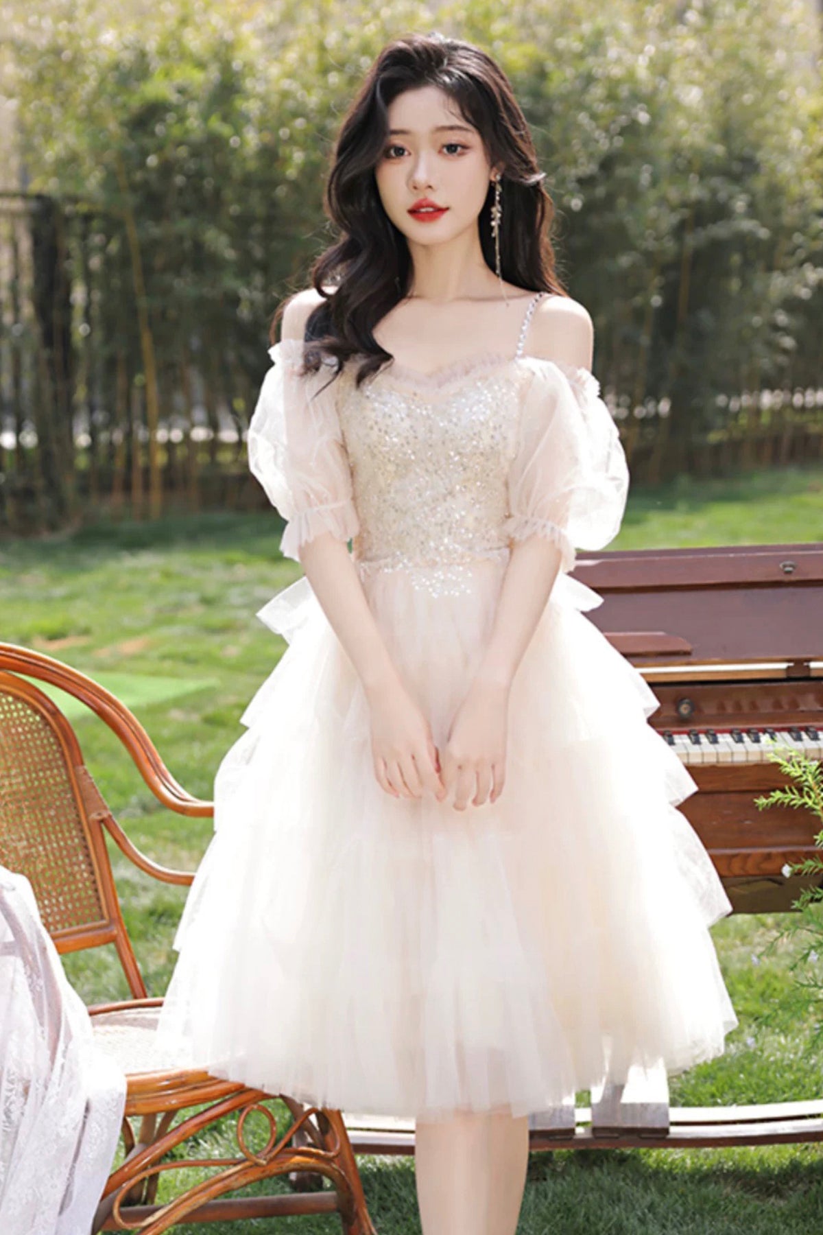 Champagne Tulle Sequins Short Prom Dress, Lovely A-Line Party Dress