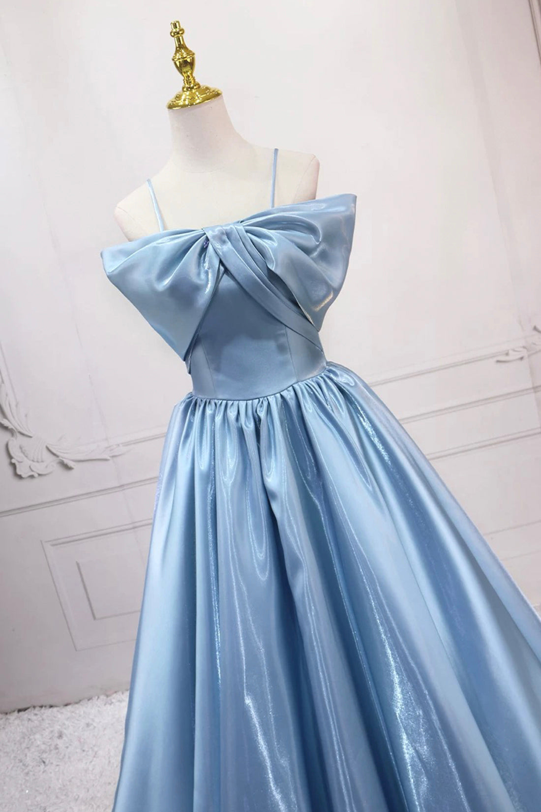 Blue Satin Long A-Line Prom Dress, Blue Spaghetti Strap Evening Party Dress